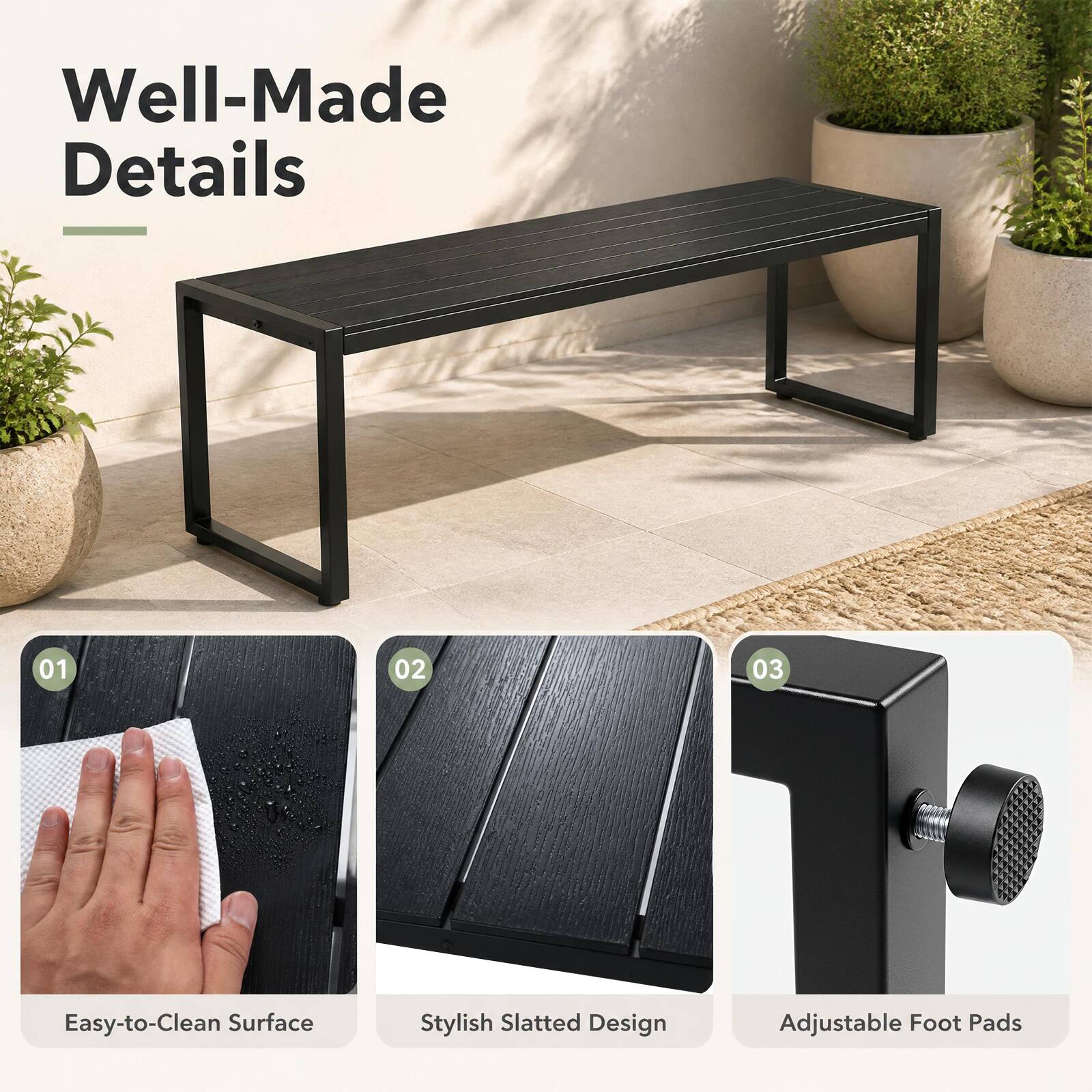 Well-Made Details

01
Easy-to-Clean Surface

02
Stylish Slatted Design

03
Adjustable Foot Pads