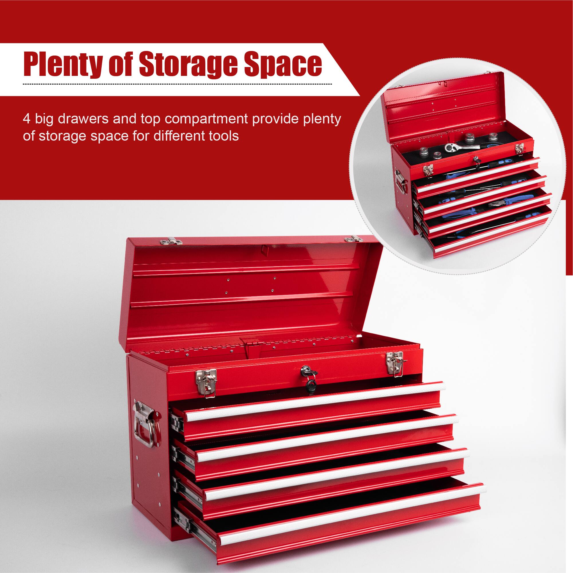 Plenty of Storage Space
4 big drawers and top compartment provide plenty of storage space for different tools