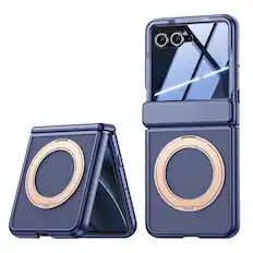 Front. Dteck - Rugged Ring Stand Hinge Protection Frosted Magnetic Case Built-in Screen Protector For Motorola Razr Ultra 2026/2025 - Blue(Privacy Film).