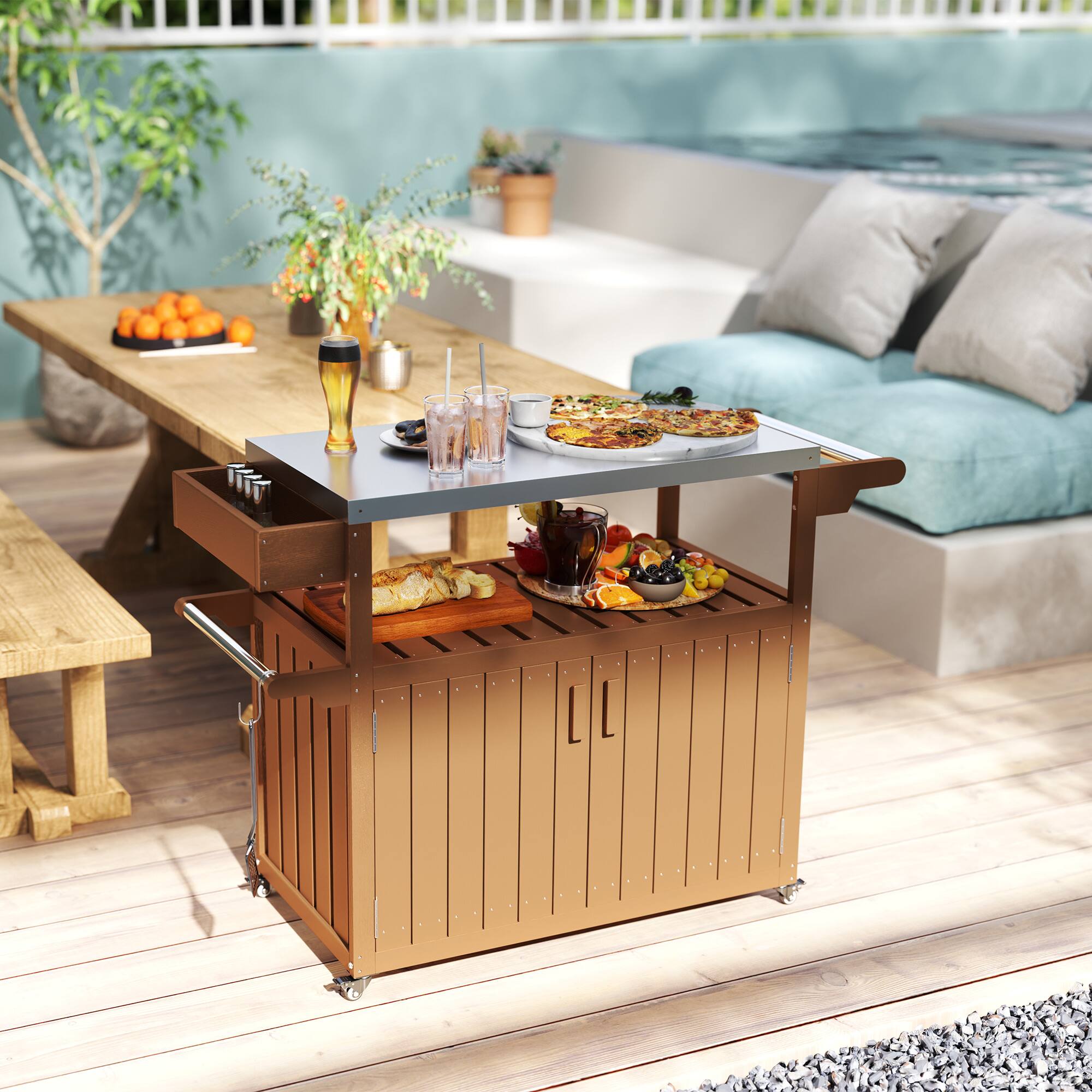 Alt View 8. Outsunny - Outdoor Bar Cart with Storage Cabinet, Stainless Steel Top Kitchen Island on Wheels, HDPE Outdoor Bar Table - Brown.