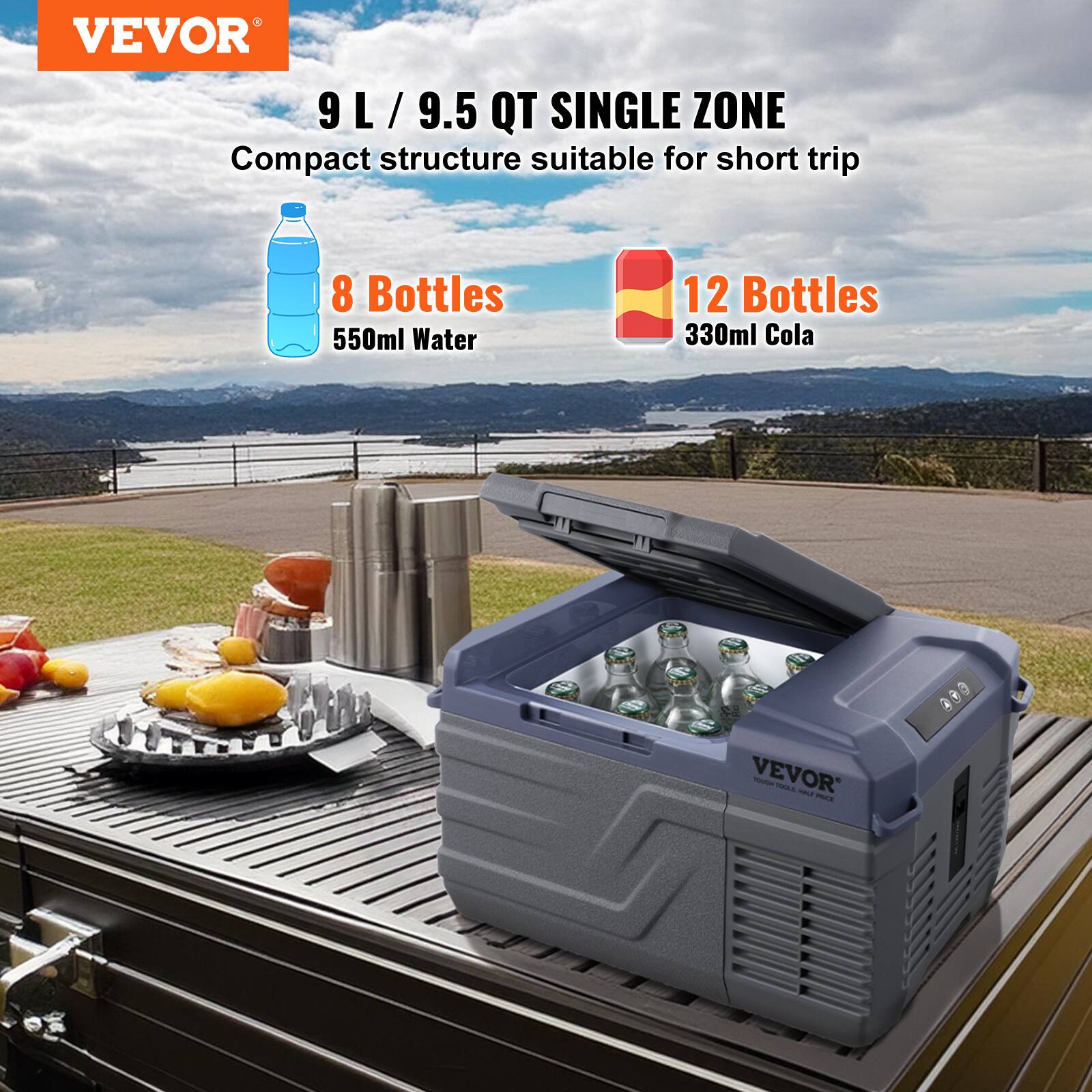 VEVOR 9 L / 9.5 QT SINGLE ZONE Compact structure suitable for short trip 8 Bottles 550ml Water 12 Bottles 330ml Cola