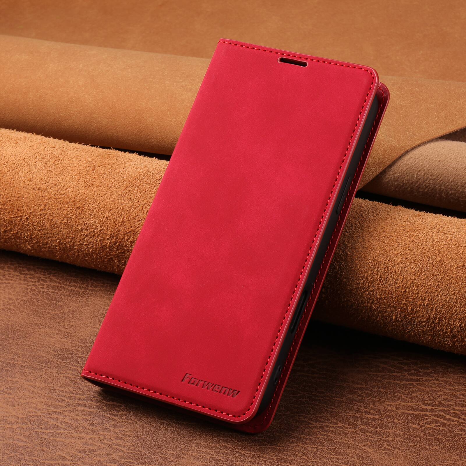 Angle. Dteck - Magnetic Case For iPhone 18 Pro Max, Shockproof Wallet Card Pocket Viewing Kickstand Protective Folio PU Leather Cover - Red.