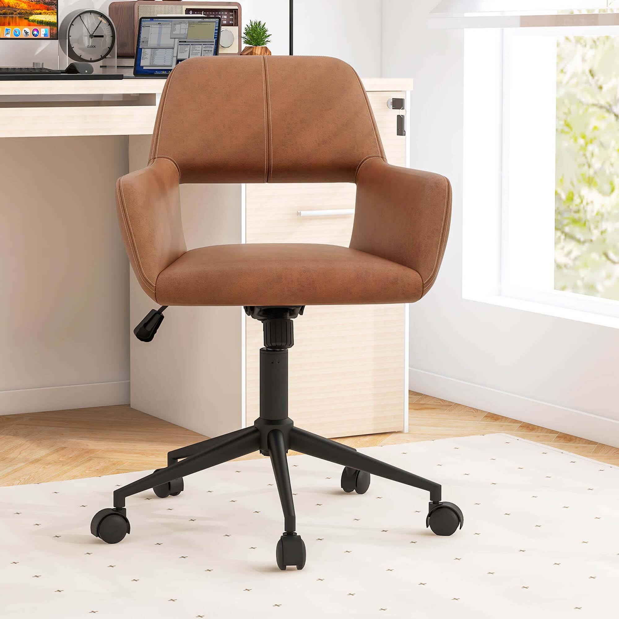 Back. Costway - Leathaire Home Office Chair with Ergonomic Backrest Padded Armrests Casters - Retro Brown.