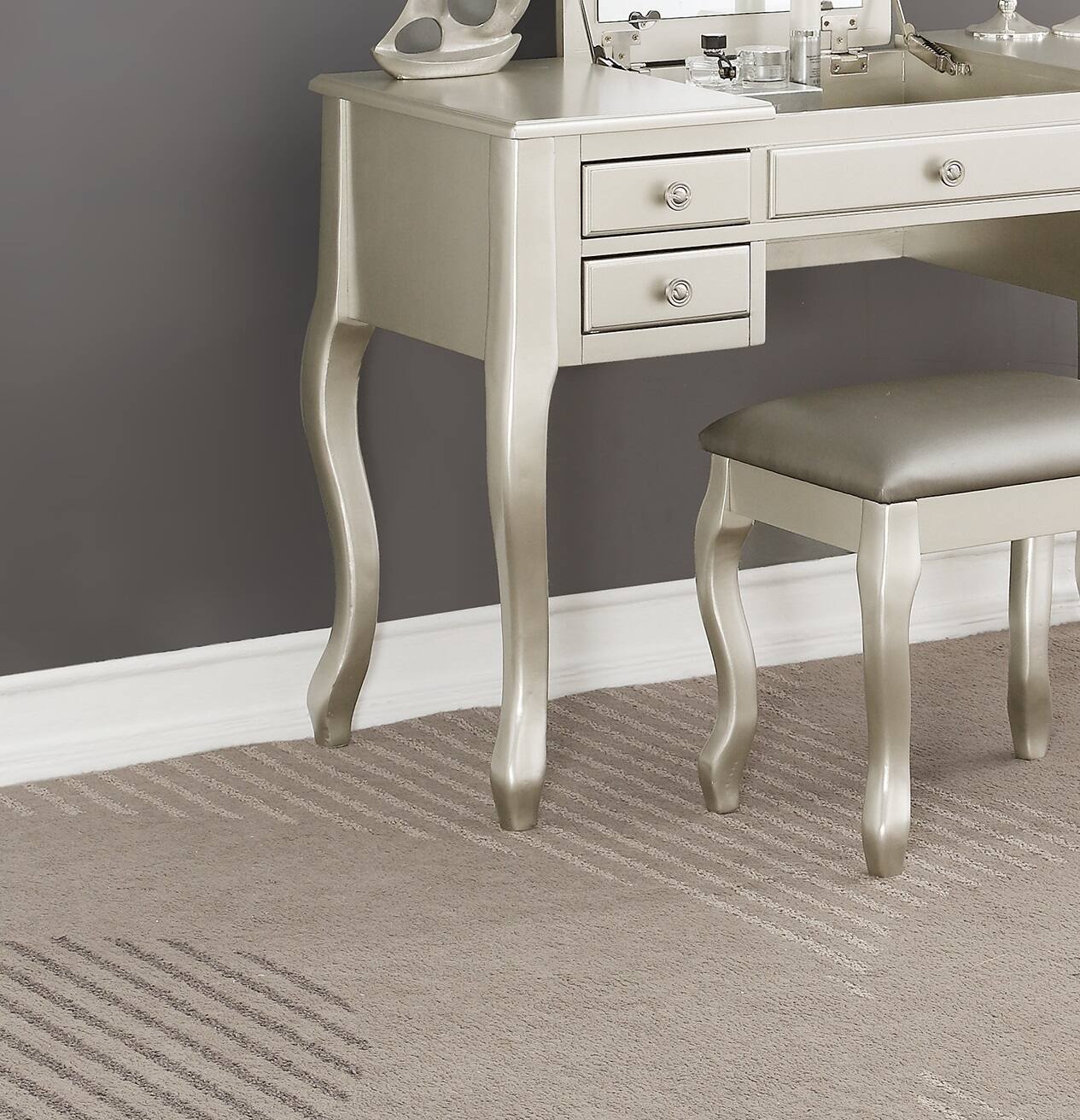 Alt View 1. APRILSOUL - Classic Vanity Set w Stool Silver Color Drawers Open-up Mirror Bedroom Furniture Unique Legs Cushion Seat Stool Vanity - Silver.