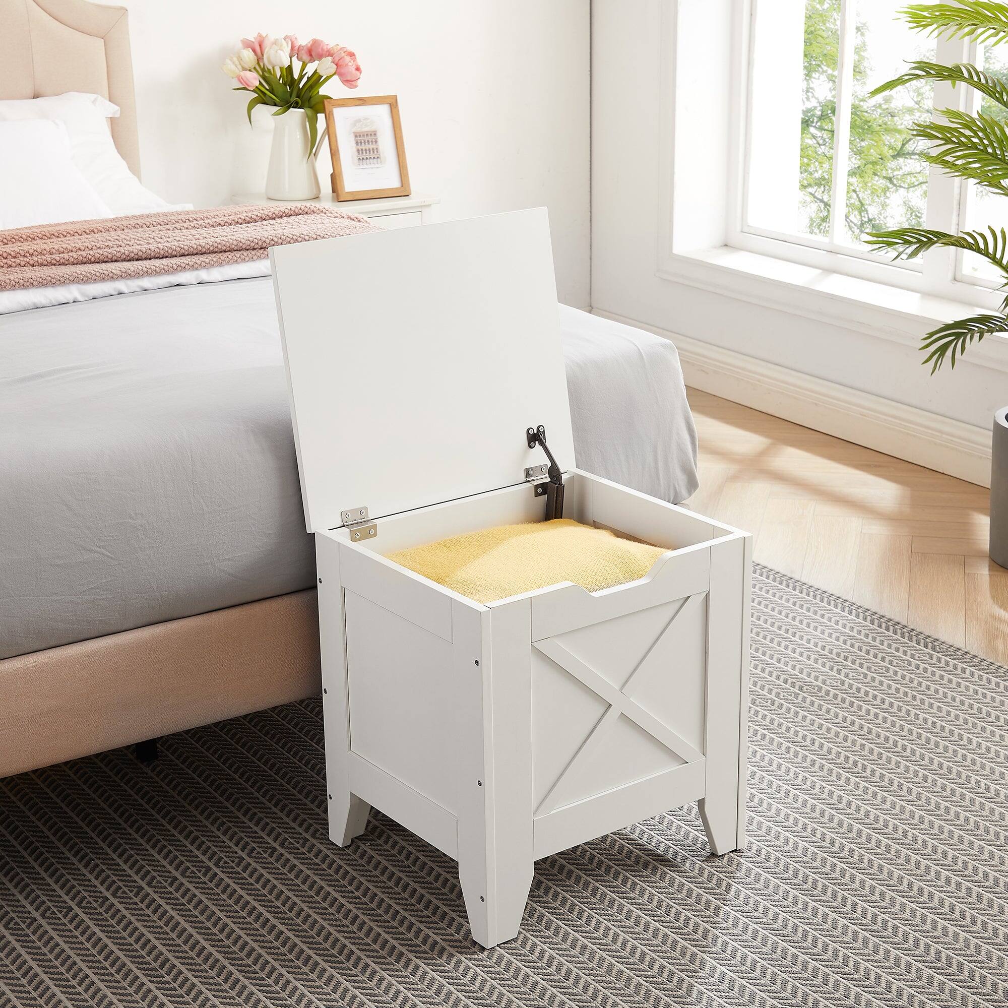 Alt View 1. Vecelo - 17.7" Wood Storage Chest with Safety Hinge, Entryway Storage Bench Trunk with Lid - White.