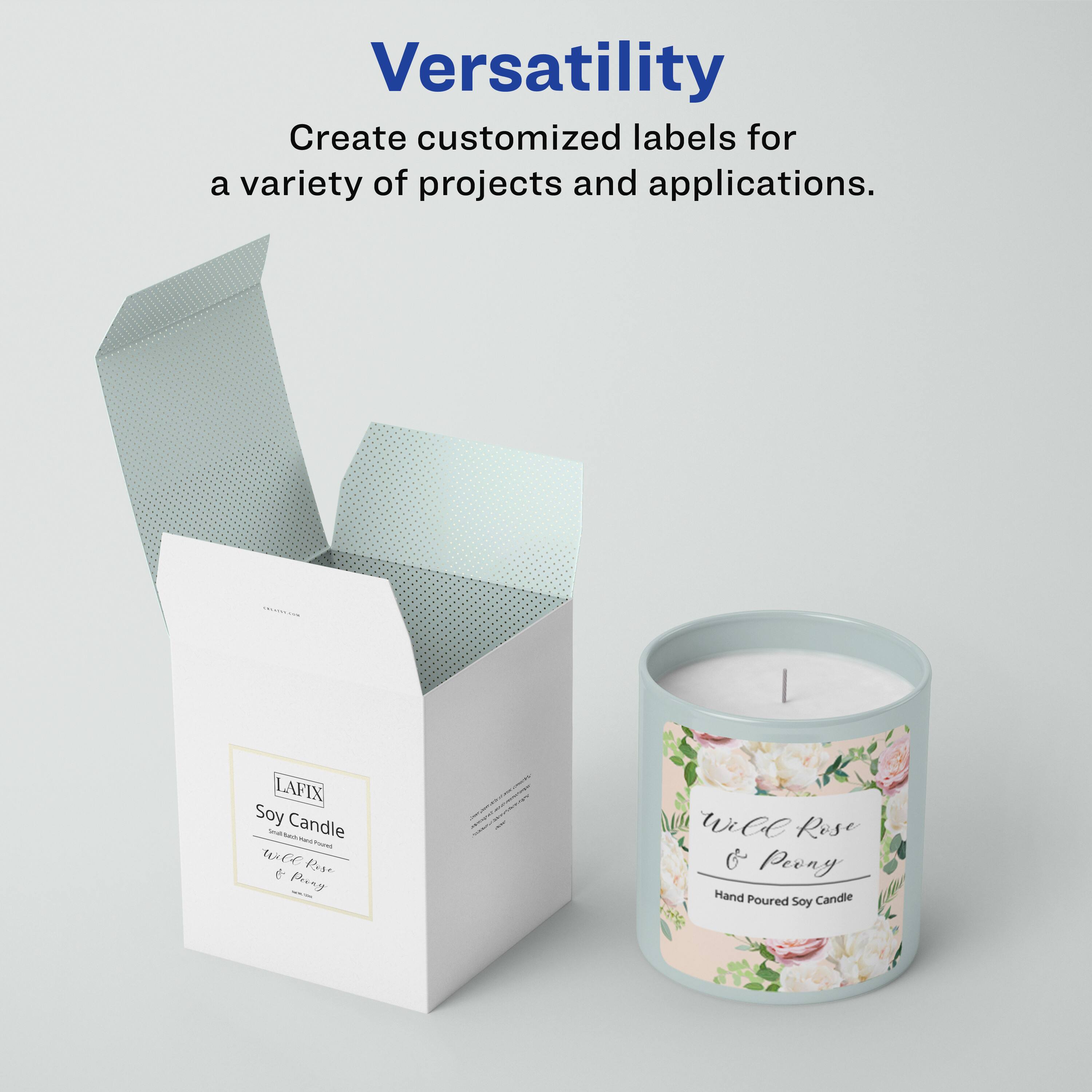 Versatility  
Create customized labels for a variety of projects and applications.  

I LAFIX Soy Candle  
White Rose & Peony Hand Poured Soy Candle