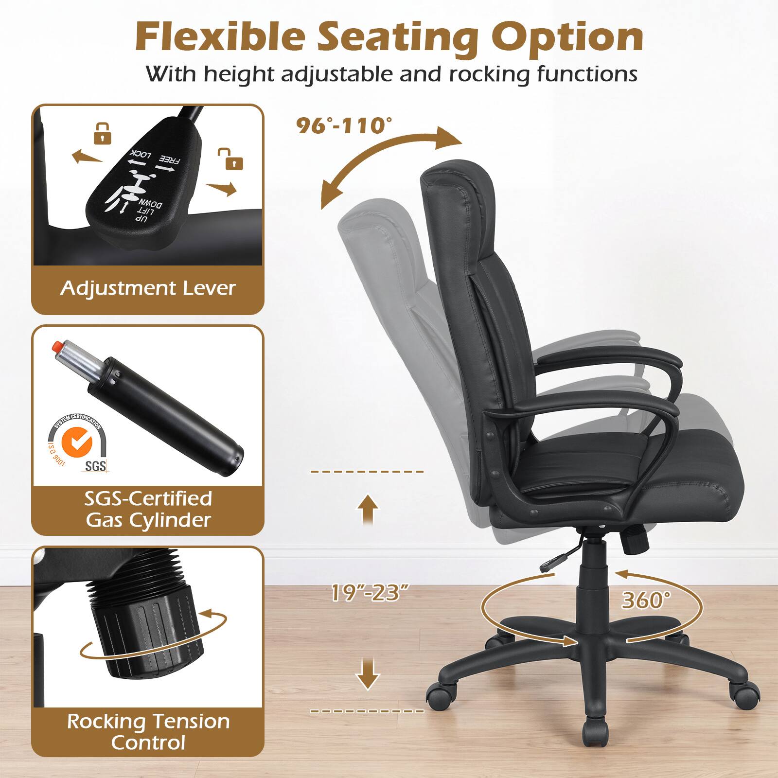 Flexible Seating Option With height adjustable and rocking functions

1. rock FREE
2. I
3. 96-110
4. LIFT DOWN UP
5. Adjustment Lever
6. SYSON CERTIFICATION SO 1006 SGS
7. SGS-Certified Gas Cylinder
8. 19"-23"
9. 360
10. Rocking Tension Control