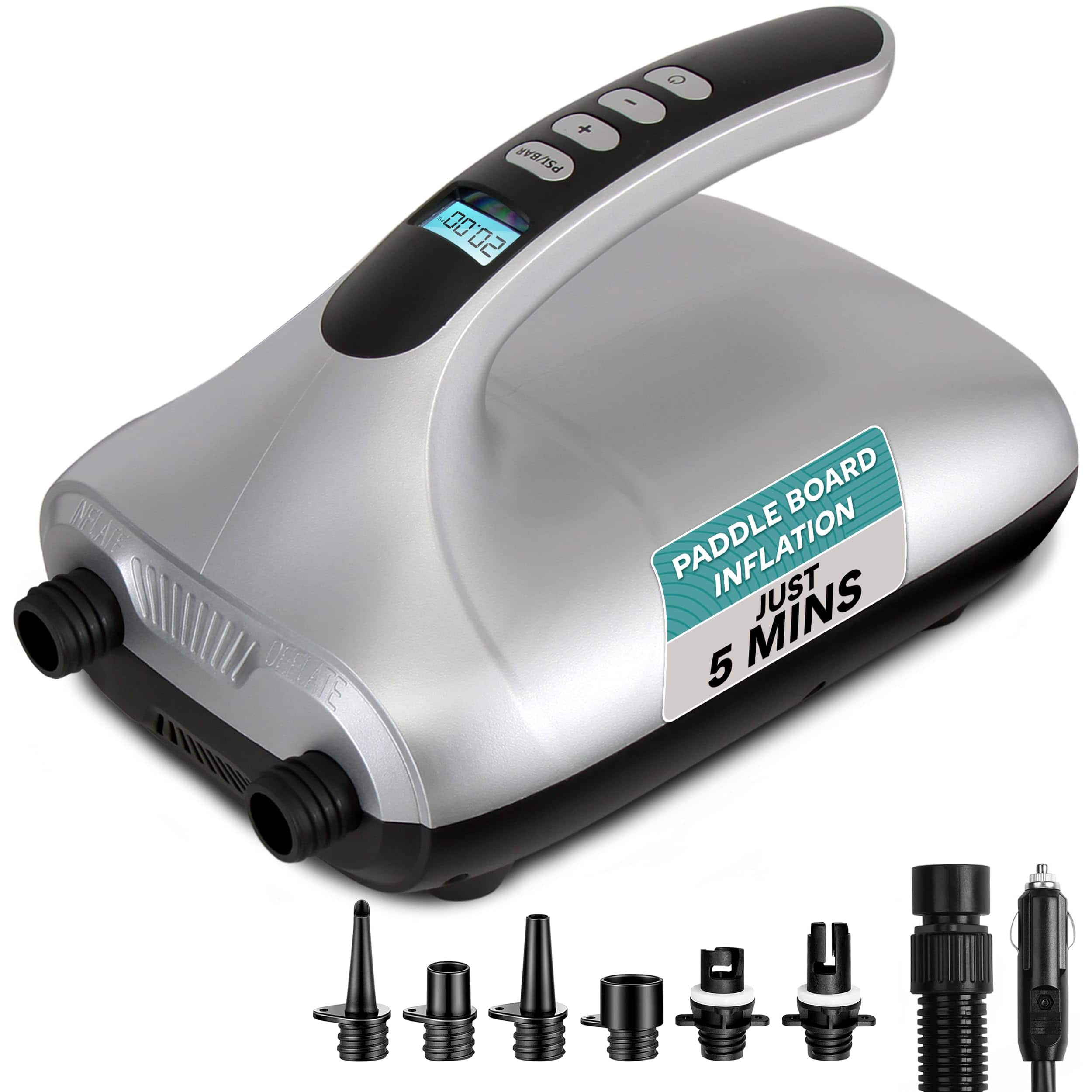 SereneLife - SLPUMP30 Electric Paddle Board Pump, 20 PSI Dual-Stage Air Compressor, Auto-Off, LCD Display - Gray