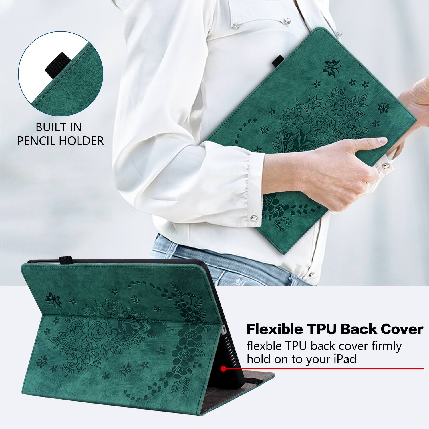 BUILT IN PENCIL HOLDER

Flexible TPU Back Cover
flexible TPU back cover firmly hold on to your iPad
