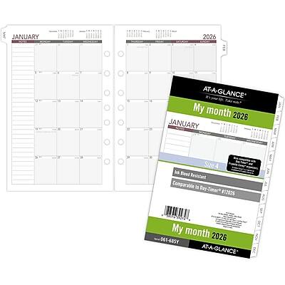 JANUARY 2026  
AT-A-GLANCE  
My month 2026  

JANUARY  
2026  

Size 4  
Junk Resistant  
Comparable to Day-Timer #12025  

AUG 5  
3407 0278  

OCT  
061-685Y  

AT-A-GLANCE*  
My month 2026  

SKU 4  
Junk Resistant  
Comparable to Day-Timer #12025  

061-685Y