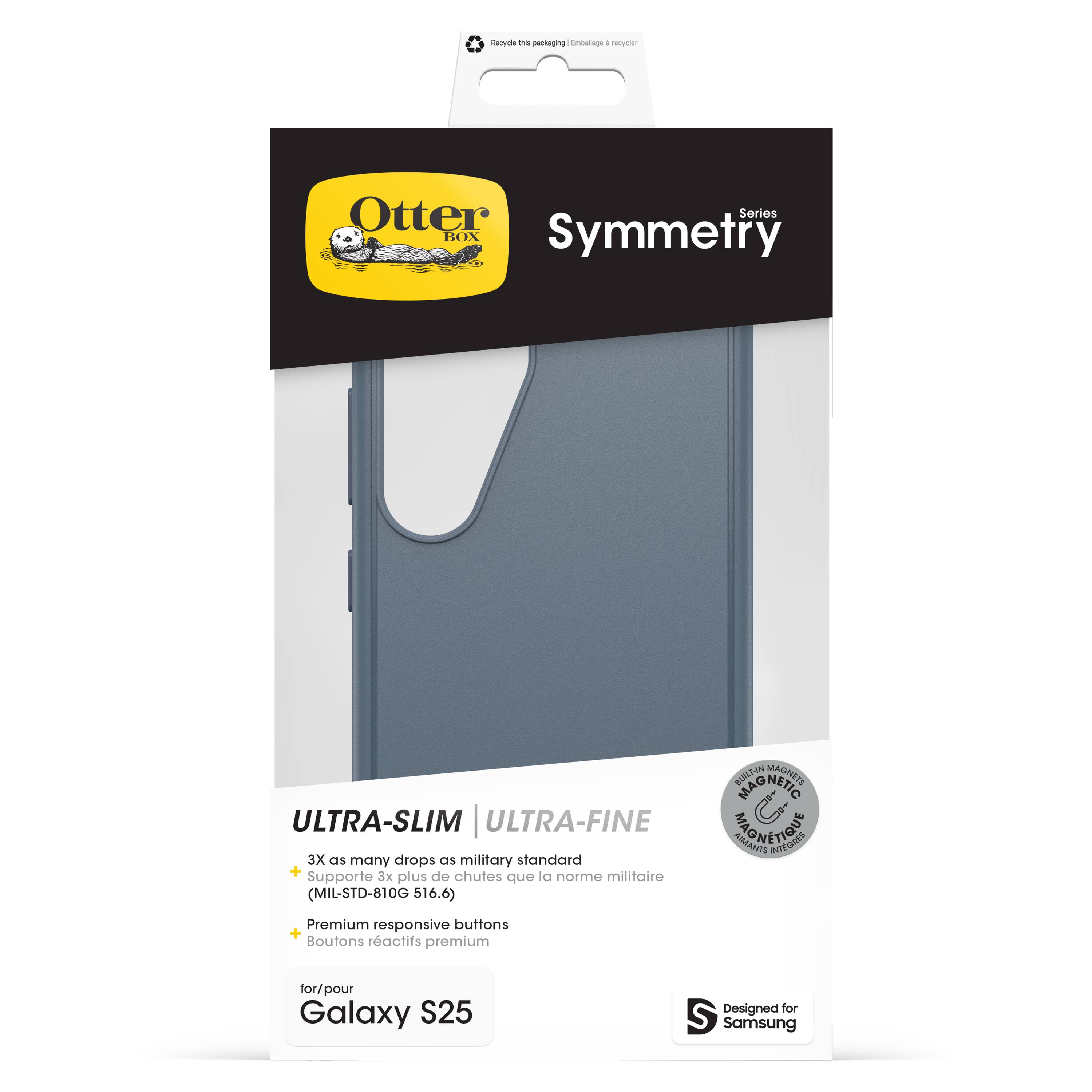 * me gdtoging Enbolnge - neyrtter Otter Series BOX Symmetry ULTRA-SLIM ULTRA-FINE 3X as many drops as military standard + de chutes la militaire Supporte 3x plus que norme (MIL-STD-810G 516.6) BULTIN MAGNETO MAGNETS AIANTS SNONITON AEORES Premium responsive buttons + Boutons ractifs premium for/pour Galaxy S25 Designed for Samsung