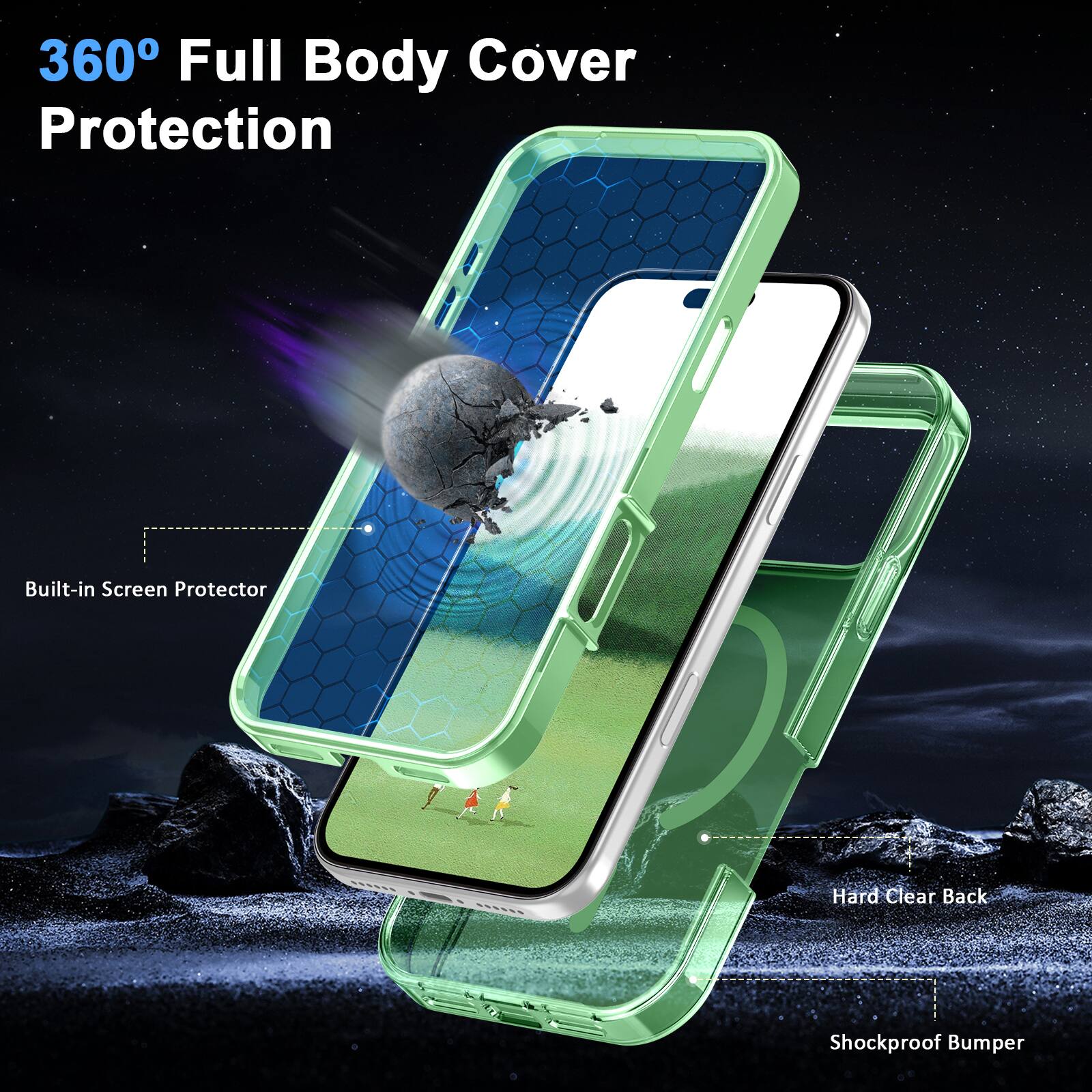 360° Full Body Cover Protection

- Built-in Screen Protector
- Hard Clear Back
- Shockproof Bumper