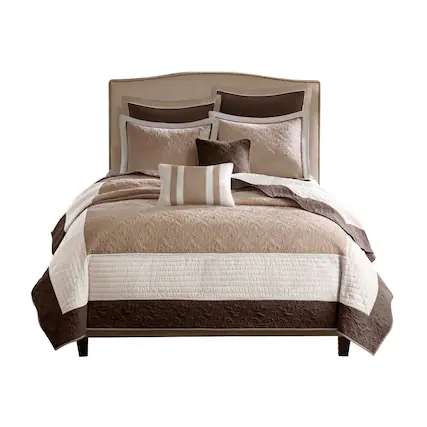 Front. Gracie Mills - Gracie Mills Colby 7-Piece Quilt Set with Euro Shams and Cozy Throw Pillows - Beige.