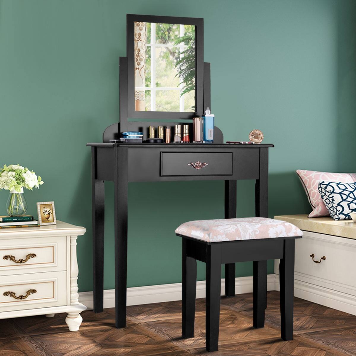 Alt View 1. Ecooso - Vanity Dressing Desk with Wide Mirror, Soft Stool and Spacious Surface for Beauty Essentials - Black.