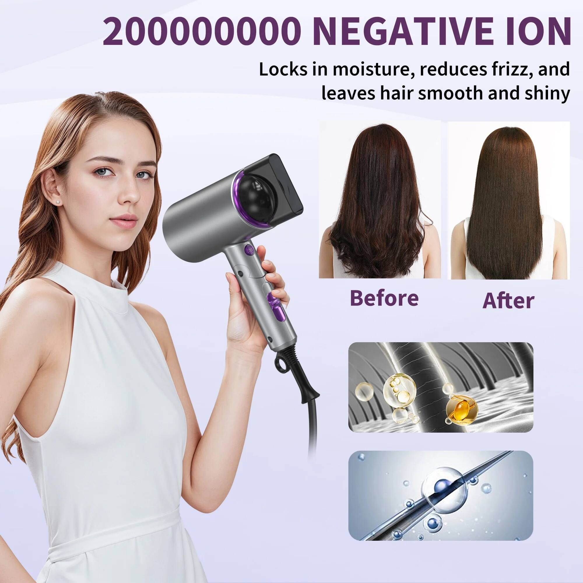 200000000 NEGATIVE ION  
Locks in moisture, reduces frizz, and leaves hair smooth and shiny  

Before  
After  

200000000 NEGATIVE ION  
Locks in moisture, reduces frizz, and leaves hair smooth and shiny