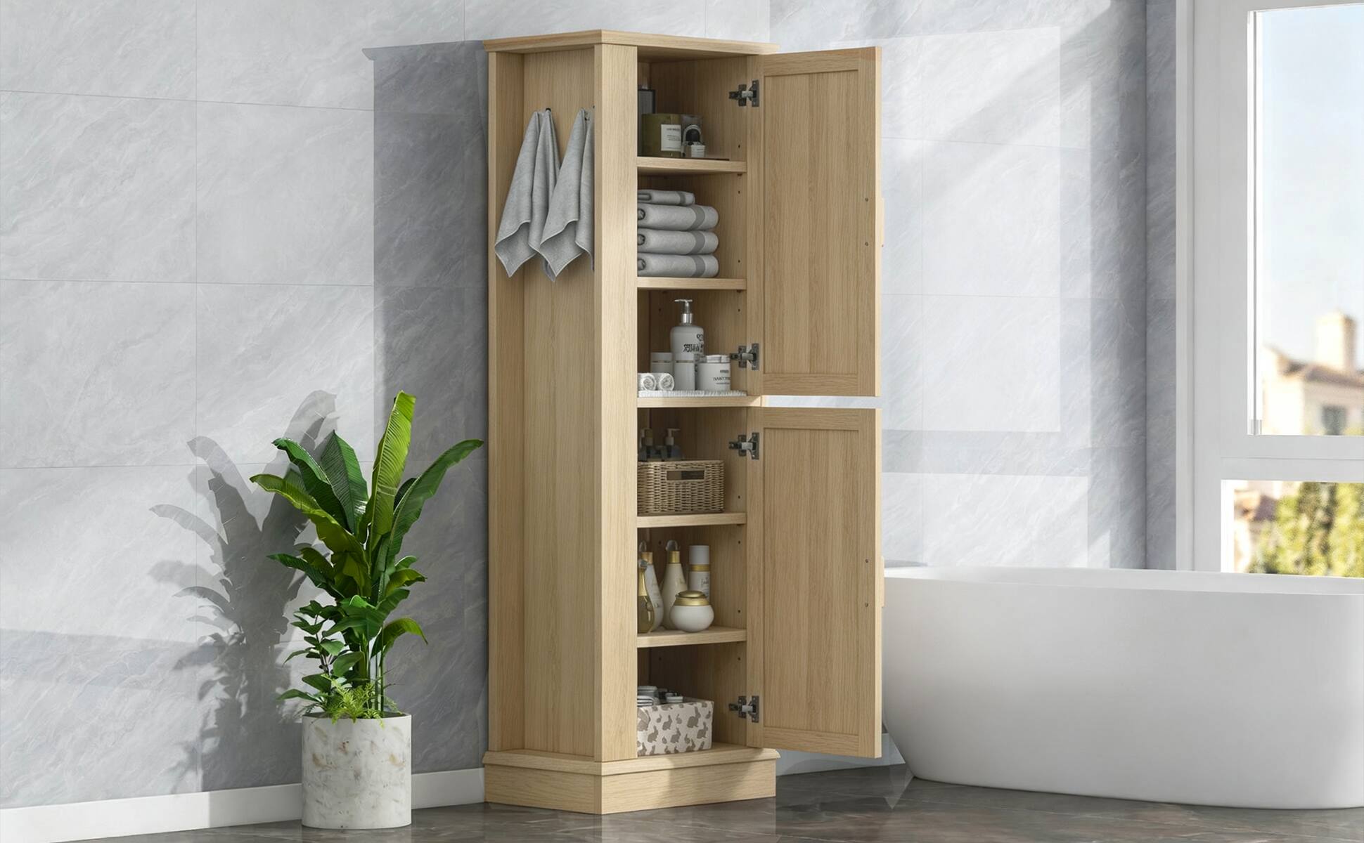 Back. Loheer - Loheer Tall Bathroom Storage Cabinet Freestanding Organizer with Adjustable Shelves and Hooks Natural MDF - Natural.