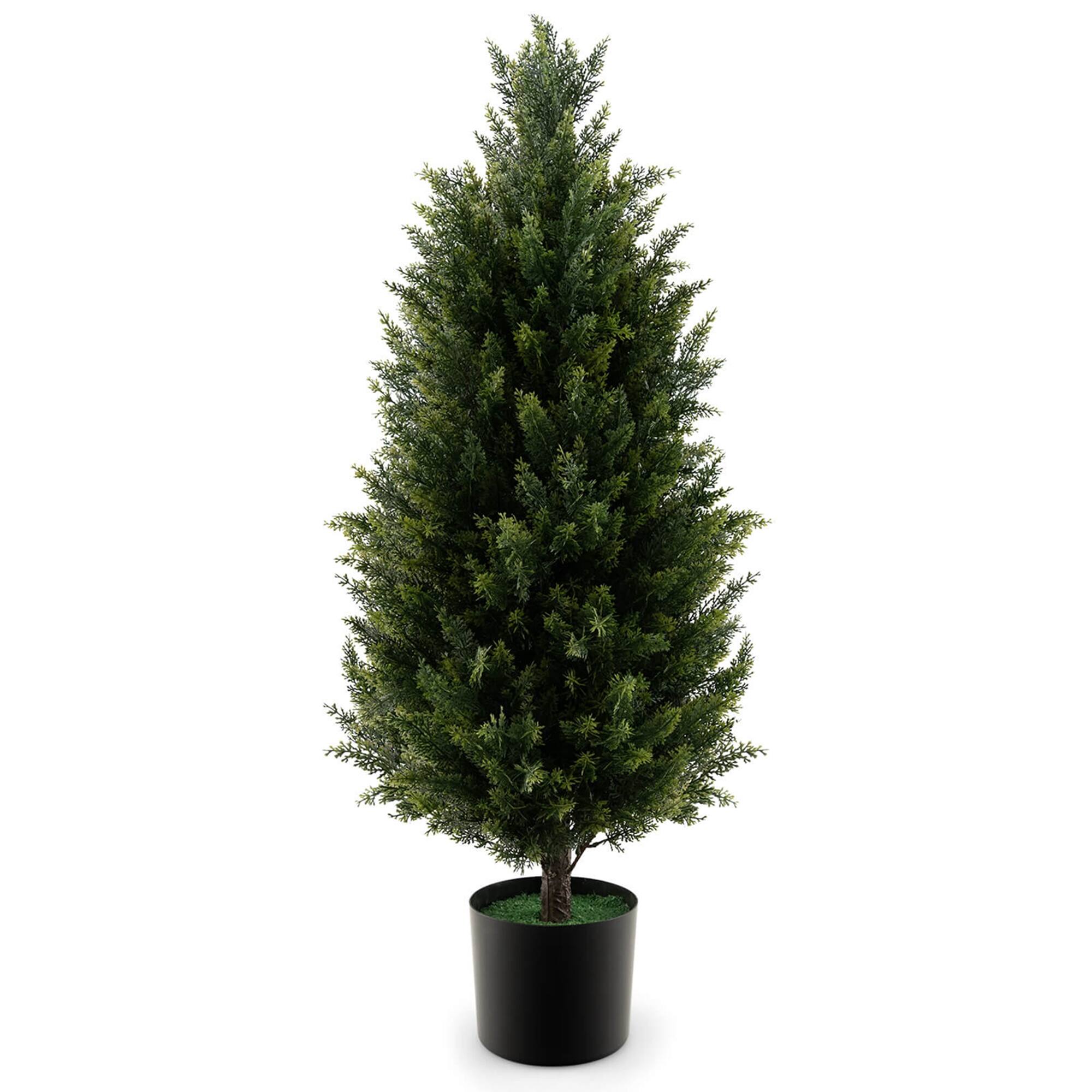 Costway - 1 Pack 37.5" Artificial Topiary Cedar Tree with Cement Plastic Pot & Realistic Moss - Green