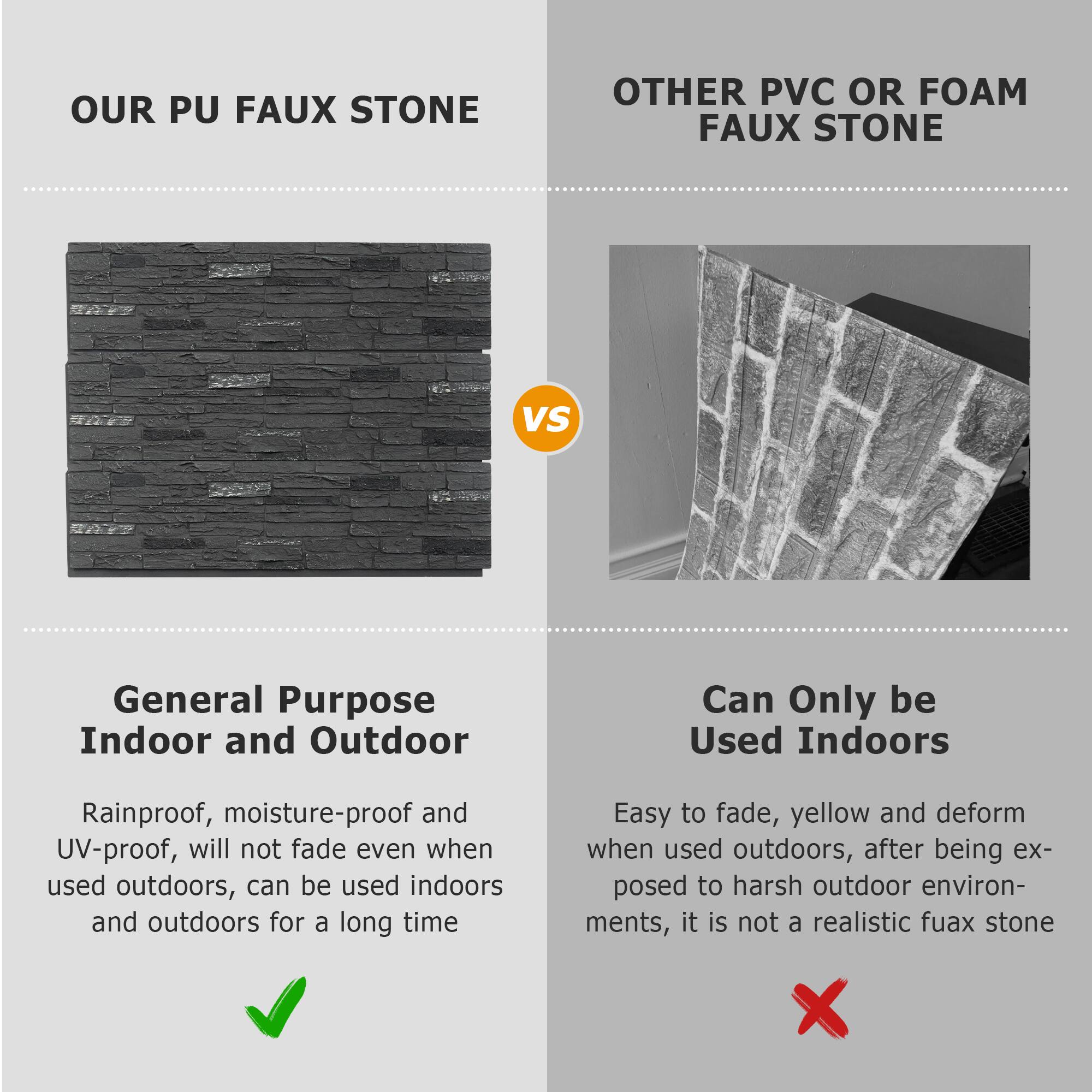 OUR PU FAUX STONE

OTHER PVC OR FOAM FAUX STONE

General Purpose Indoor and Outdoor

Rainproof, moisture-proof and UV-proof, will not fade even when used outdoors, can be used indoors and outdoors for a long time

Can Only be Used Indoors

Easy to fade, yellow and deform when used outdoors, after being exposed to harsh outdoor environments, it is not a realistic faux stone