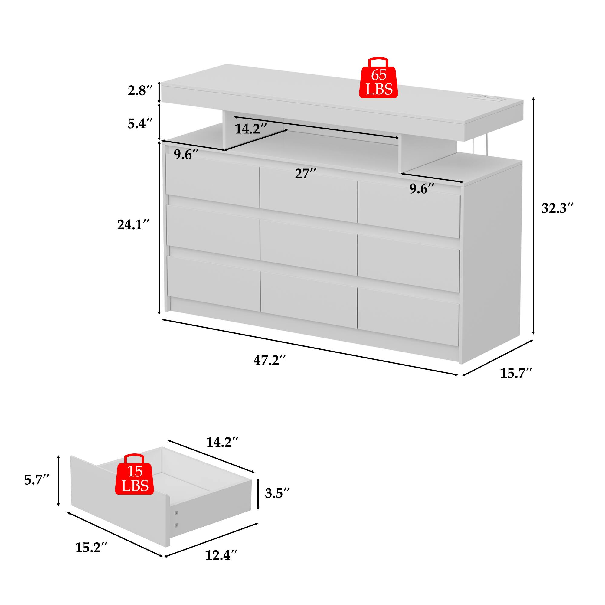 2.8"  
5.4"  
9.6"  
14.2"  
24.1"  
27"  
32.3"  
47.2"  
15.7"  
14.2"  
5.7"  
15 LBS  
3.5"  
15.2"  
12.4"  

65 LBS