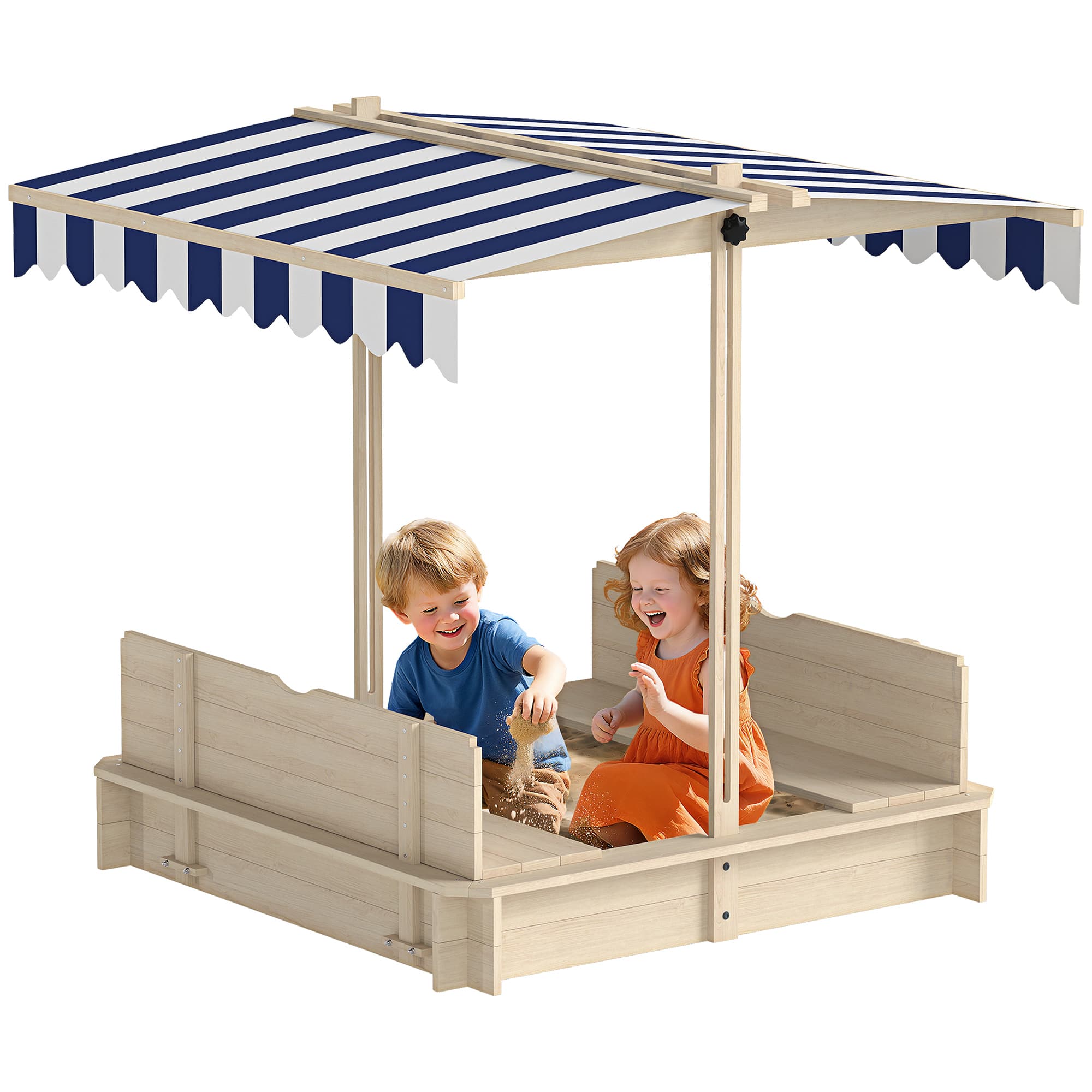 Outsunny - Wooden Sandbox with Lid, Kids Sandbox with Canopy, Foldable Bench Seats, Bottom Liner, Ages 3-7, 47"X47"