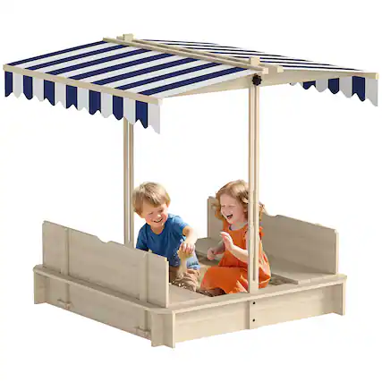 Front. Outsunny - Wooden Sandbox with Lid, Kids Sandbox with Canopy, Foldable Bench Seats, Bottom Liner, Ages 3-7, 47"X47".