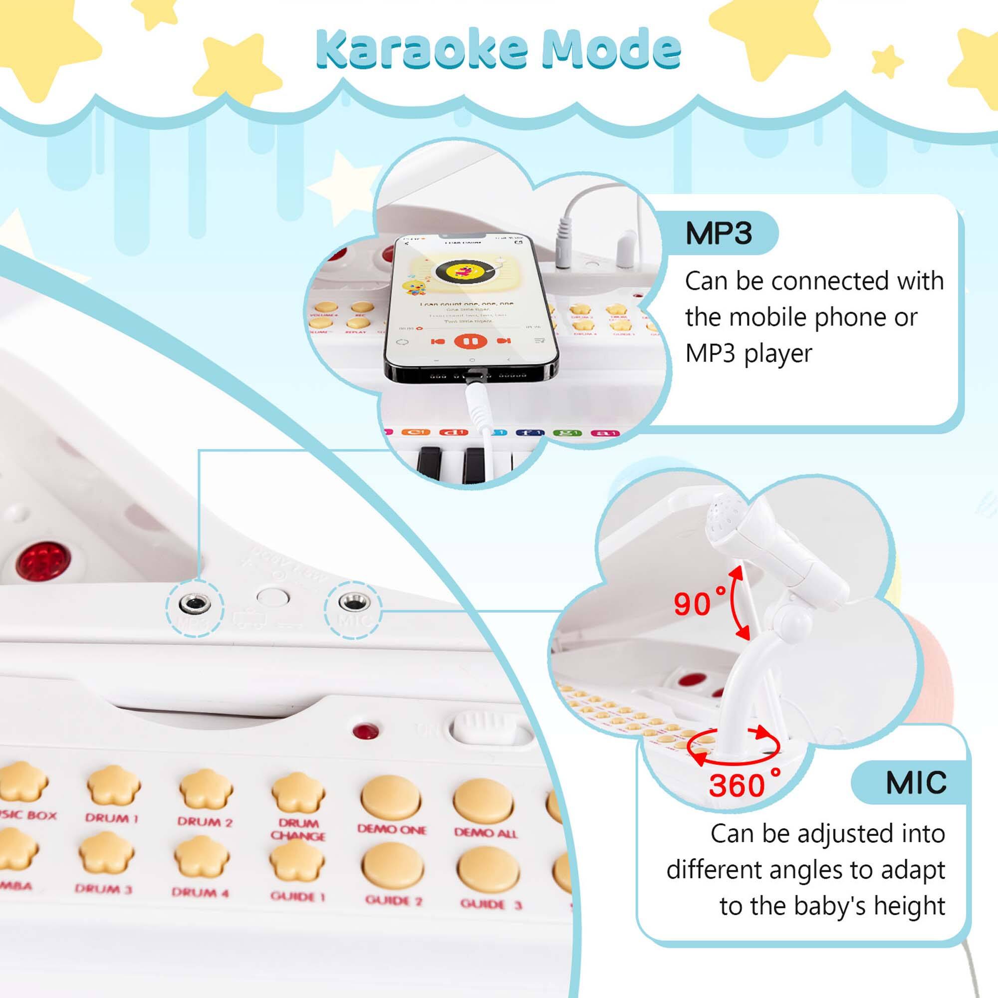 Karaoke Mode MP3: Can be connected to a mobile phone or MP3 player.
90 SIC BOX DRUM: 1, 2, 3, 4 drum options.
Demo One Guide: 1 demo option.
Demo All Guide: 3 demo options.
360 MIC: Can be adjusted into different angles to adapt to the baby's height.