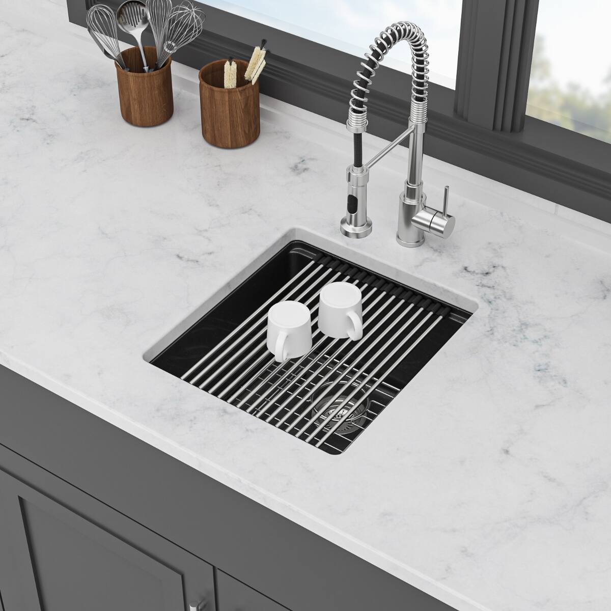 Left. Ropilly - Ropilly Black Granite Composite Bar Sink Undermount Workstation 17 x 19 Kitchen Sink - Black.