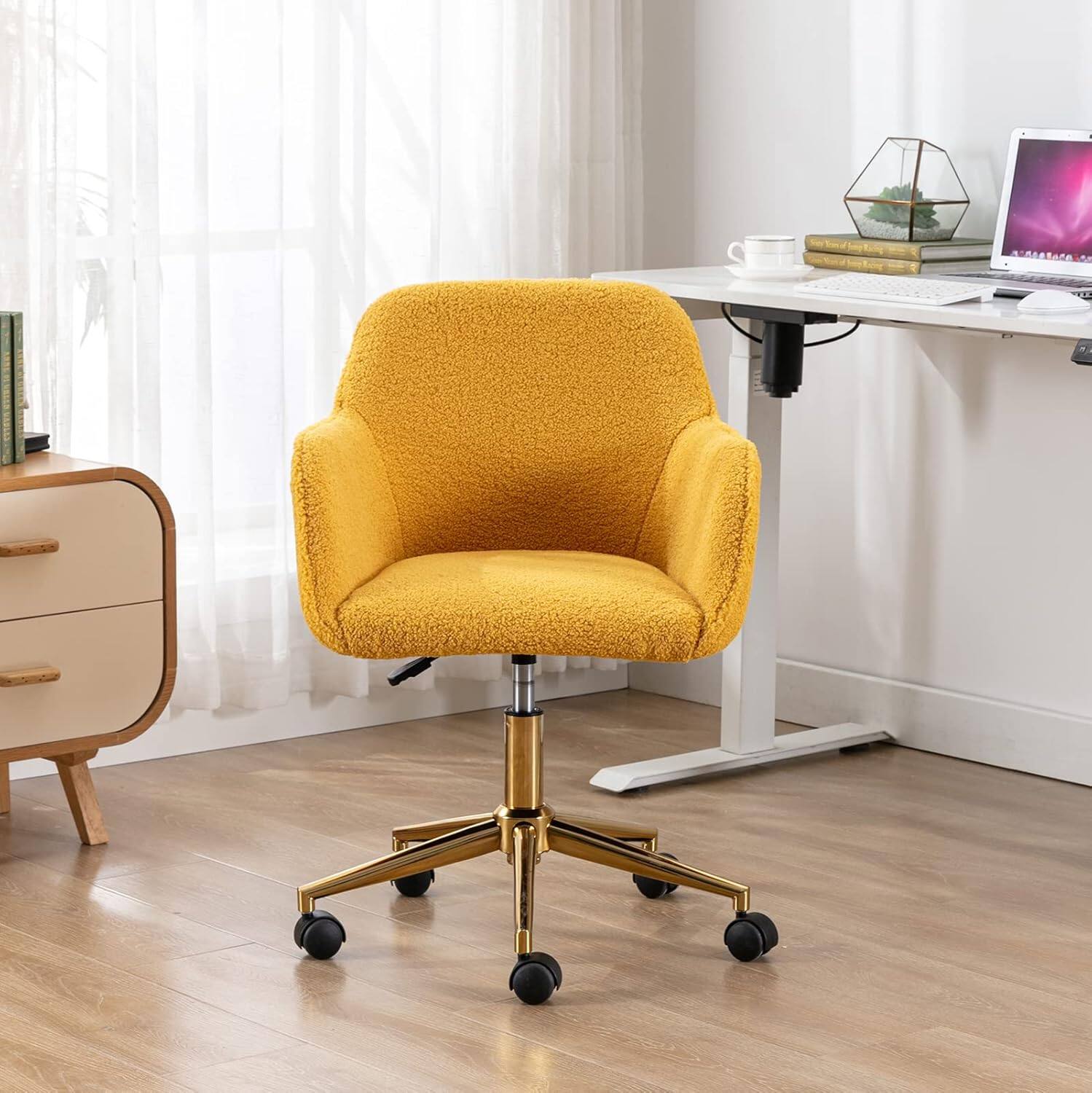 Alt View 2. Trinkets Crazed - Modern Teddy Fabric Material Adjustable Height 360 Revolving Home Office Chair With Gold Metal Legs - yellow.