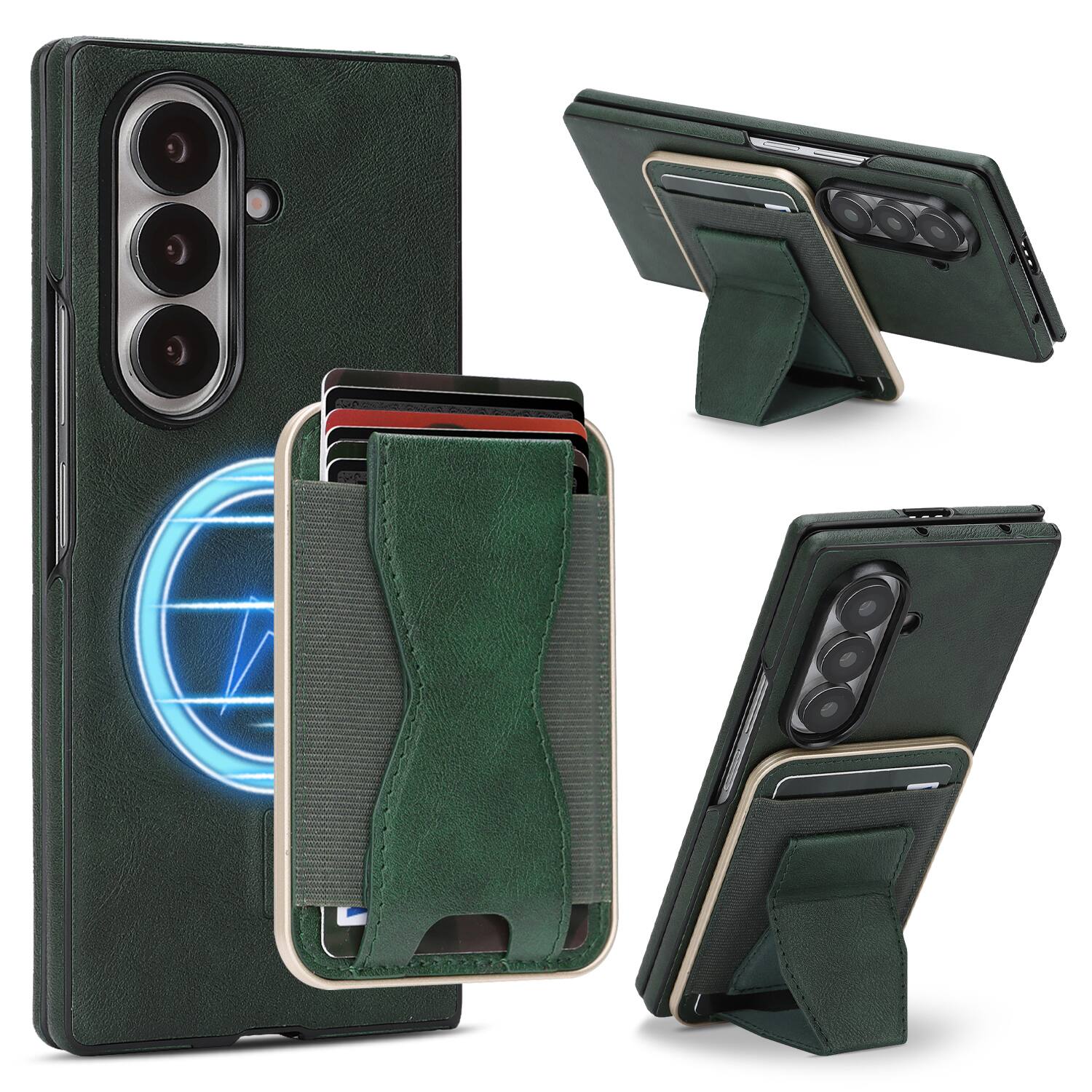 Front. Dteck - Magnetic Case for Samsung Galaxy Z Fold7,Detachable Card Wallet Kickstand Shell,Shockproof 2-in-1 Faux Leather Cover - Green.