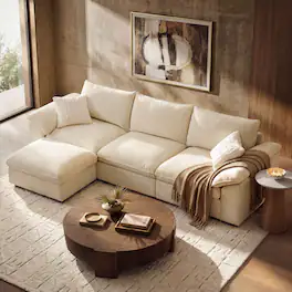 ModernMate - 114.1" W 3-Seat Chenille Cloud Down-Blend Modular L-shape Sectional with Storage Ottoman for Living Room - Beige L-Shaped