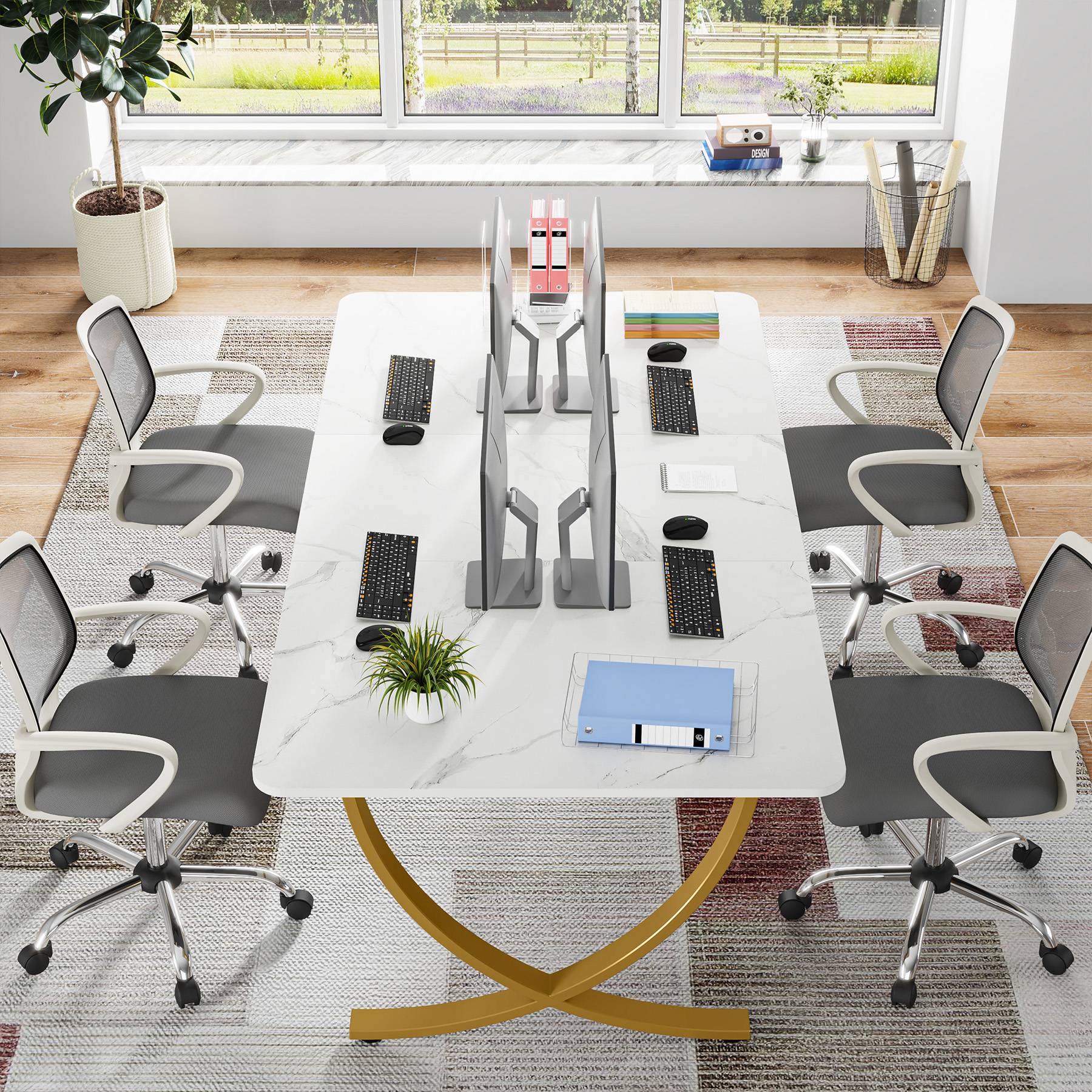 Alt View 1. Tribesigns - Office Meeting Table with Engineered Wood Construction, for Meetings and Collaborative Office Work - White.