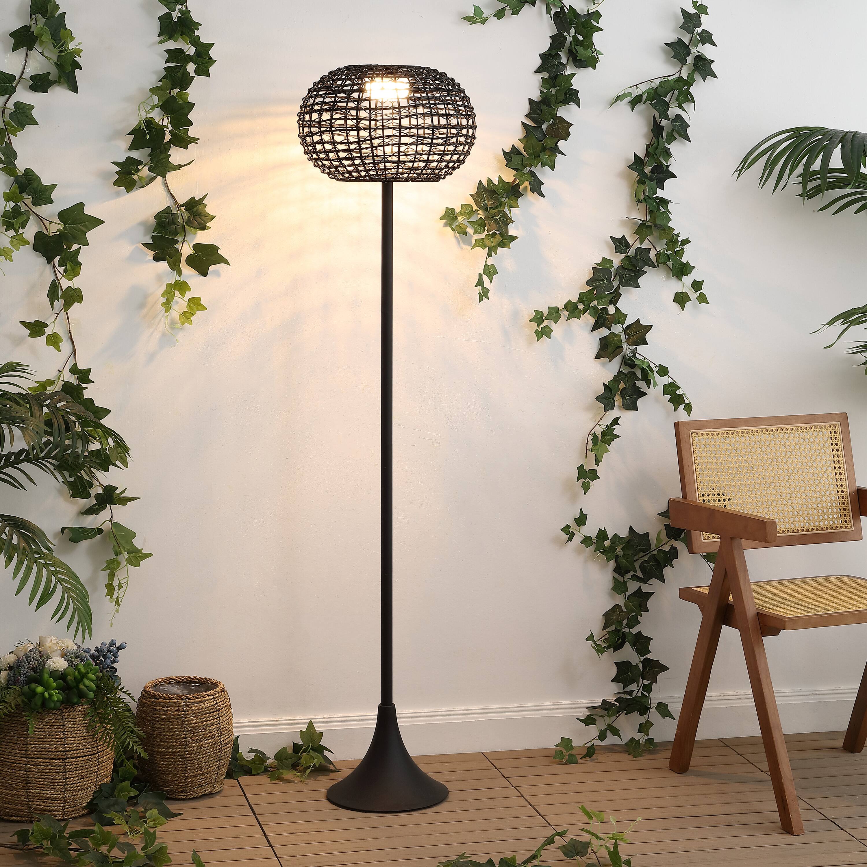 Alt View 1. Jonathan Y - Jaemin 58" Modern Coastal Faux Rattan Integrated Indoor/Outdoor LED Solar Powered Floor Lamp, Black - Black.