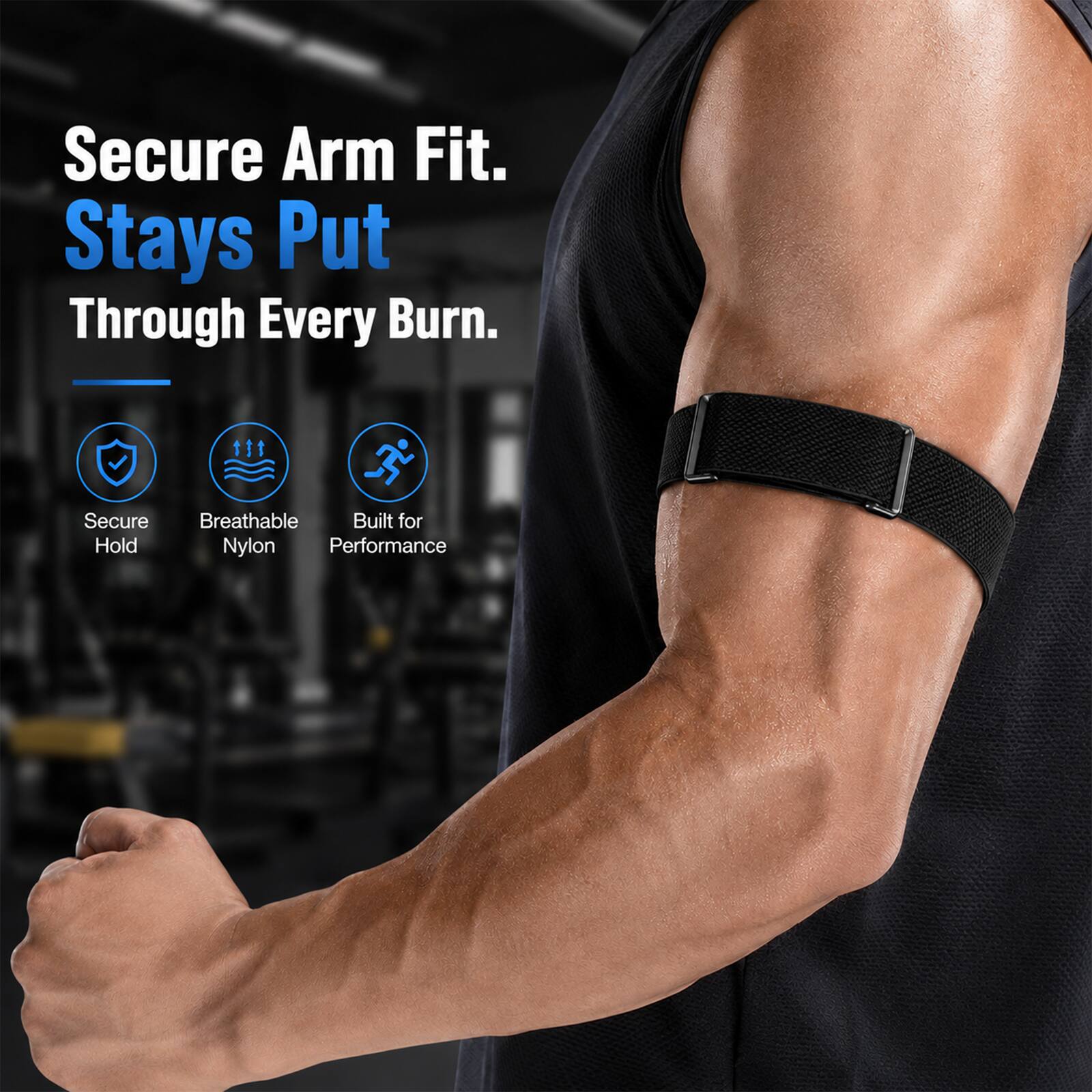 Secure Arm Fit. Stays Put Through Every Burn.  
1. Secure Hold  
2. Breathable Nylon  
3. Built for Performance