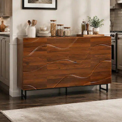 Front. RYHNUYNE - Freestanding Modern Solid Wood Sideboard with Wave Relief Design and Iron Legs, Walnut, 59 Inch - Wood.