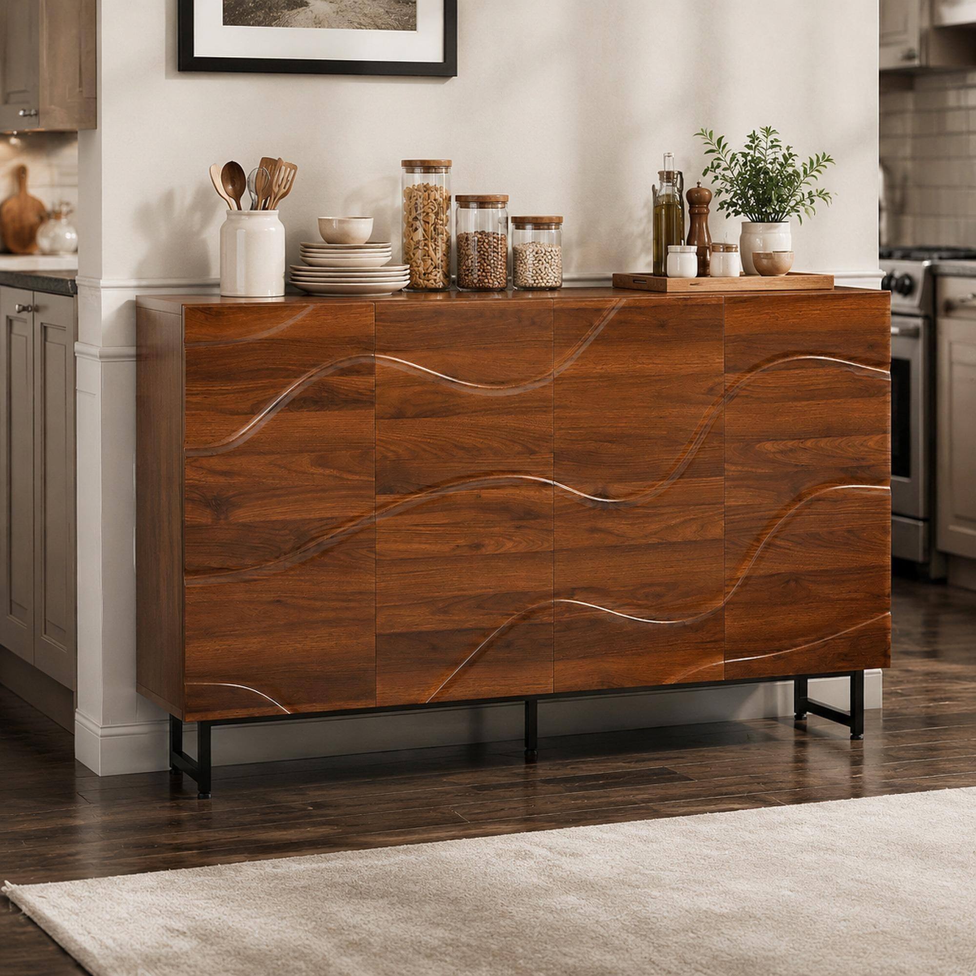 Front. RYHNUYNE - Freestanding Modern Solid Wood Sideboard with Wave Relief Design and Iron Legs, Walnut, 59 Inch - Wood.