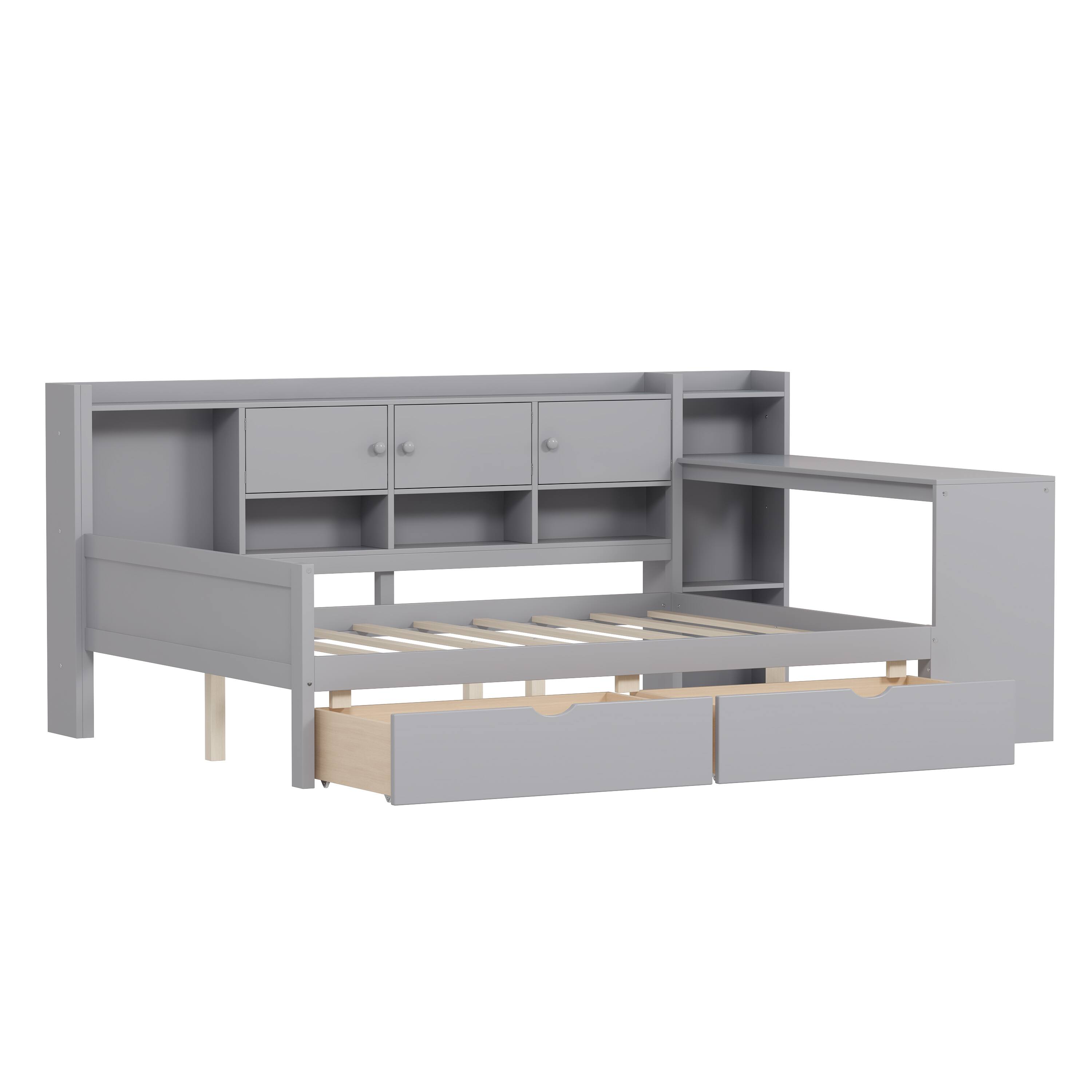 Alt View 4. Tiramisubest - Full Size Daybed with Cabinets and 2 Drawers,Multi-functional Daybed Frame with Study Desk and Built-in Bookshelf,Gray - Gray.