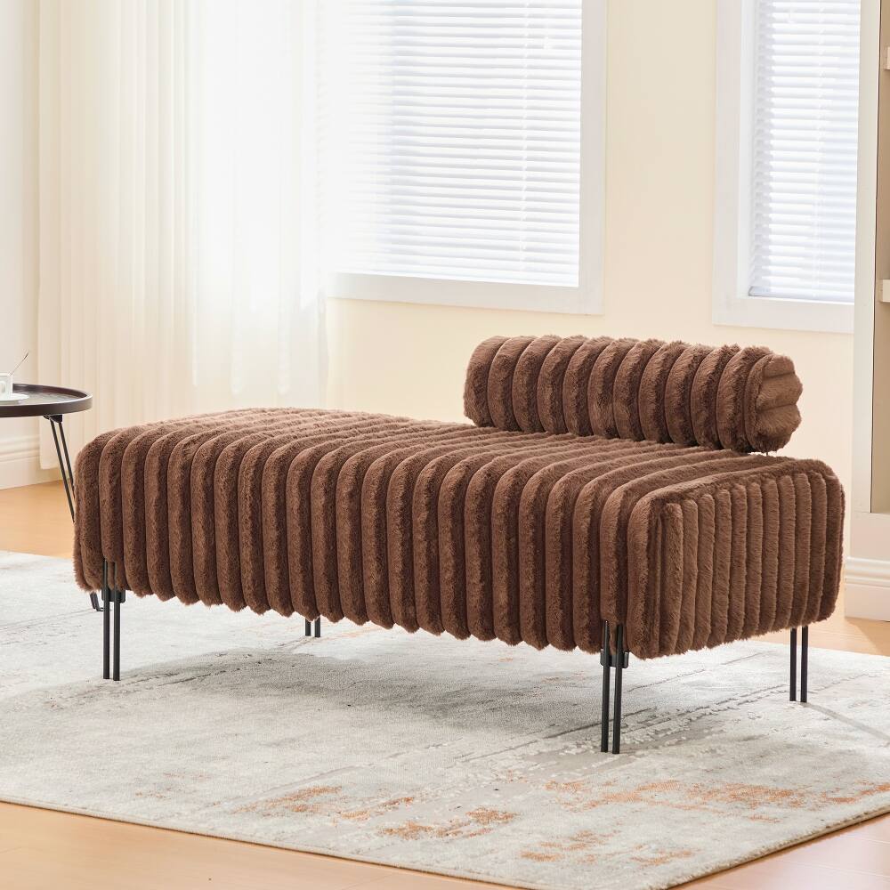Left. Ropilly - Ropilly Brown Upholstered Mini Loveseat Adjustable Back Bedroom Bench Small Sofa Metal Leg Window Ottoman Footrest - Brown.
