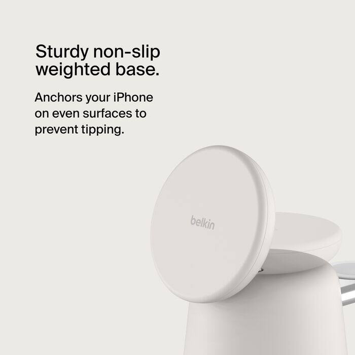 Sturdy non-slip weighted base. Anchors your iPhone on even surfaces to prevent tipping. belkin