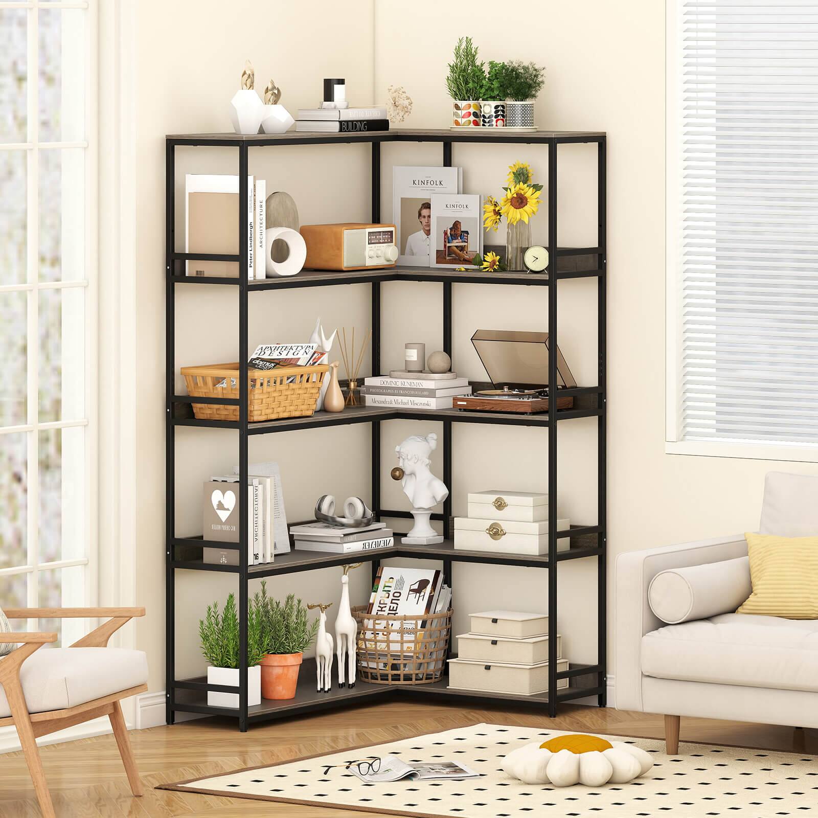 Costway 5 Tier L Shaped Bookcase Corner Bookshelf with Metal Frame