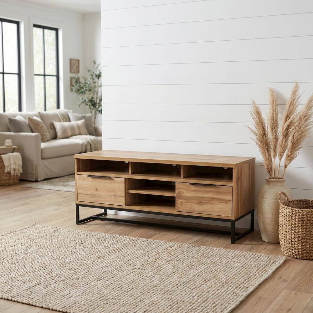 Alt View 1. FurniFact - Black Wood and Metal TV Stand with Contemporary Design and 2 Drawers - Brown.