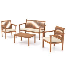Gymax - 4PCS Wood Furniture Set w/ Loveseat 2 Chairs & Coffee Table for Porch Patio White - Natural, White