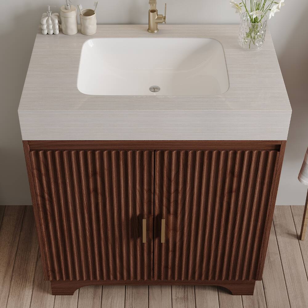Back. Loheer - Loheer 30 inch freestanding bathroom vanity with seamless ceramic sink and sintered stone countertop - Brown, Stone Gray.