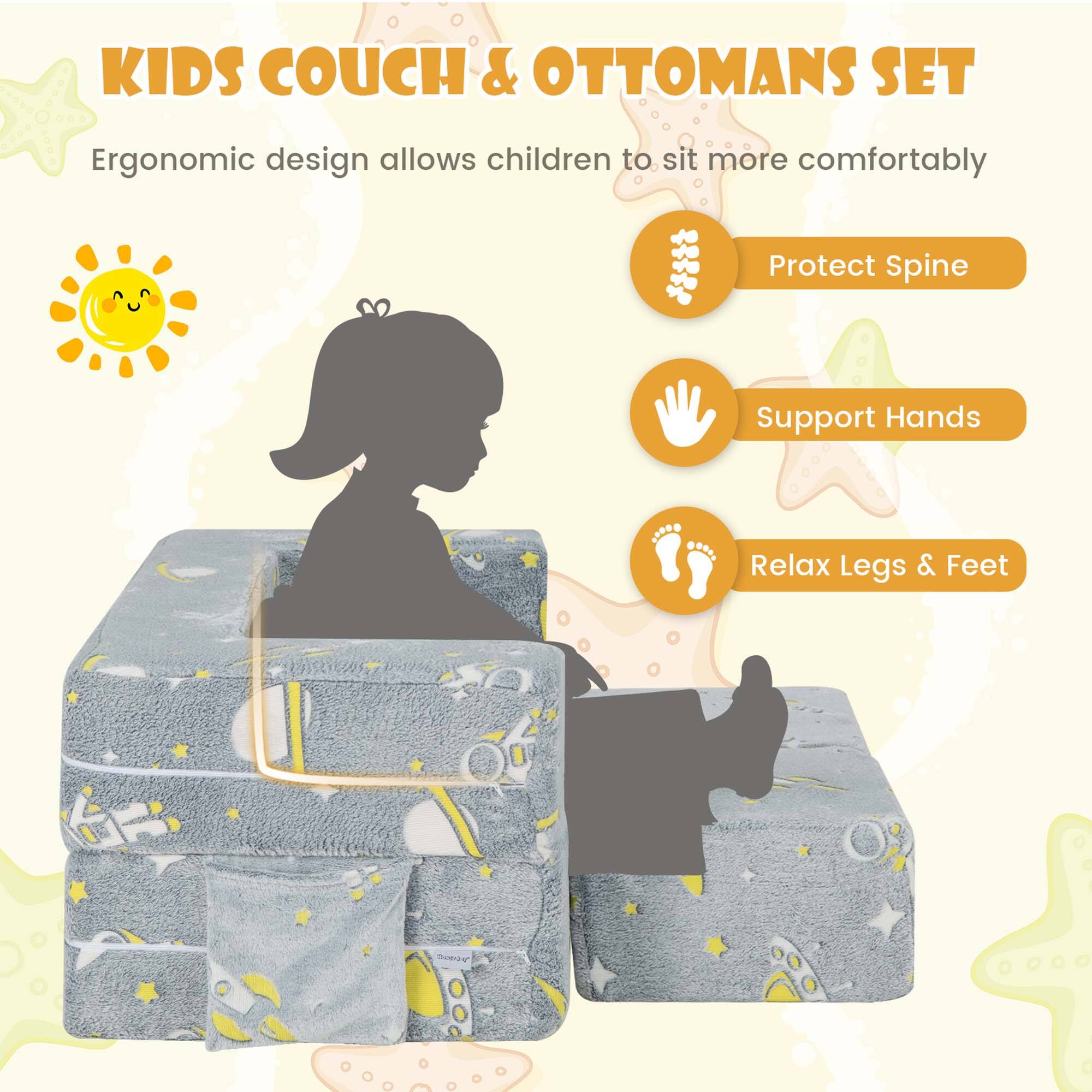 KIDS COUCH & OTTOMANS SET

Ergonomic design allows children to sit more comfortably

- Protect Spine
- Support Hands
- Relax Legs & Feet