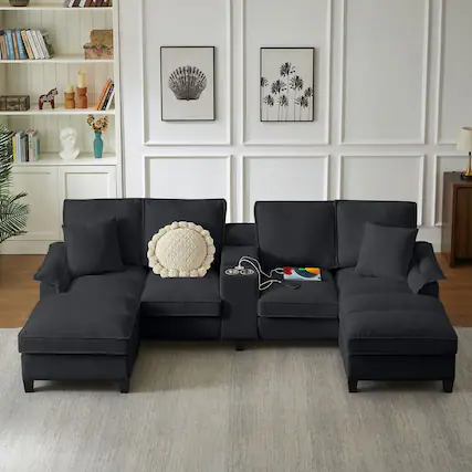 Front. Kadyn - 120" U-Shaped Sectional Sofa Bed, 4-Seater Corduroy with Storage and Cup Holders, Black - Black.