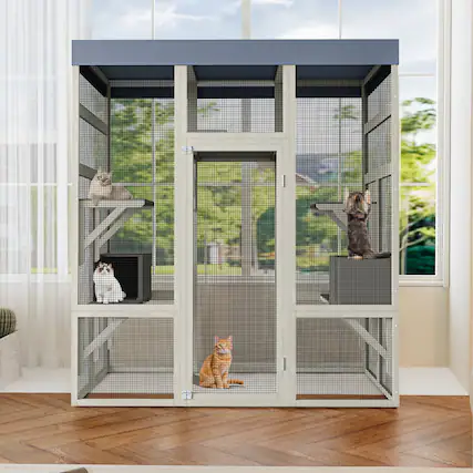 Front. Siljoy - Gray Wooden Catio with Waterproof Roof, 2 Napping Boxes & Platforms, Outdoor Cat House.