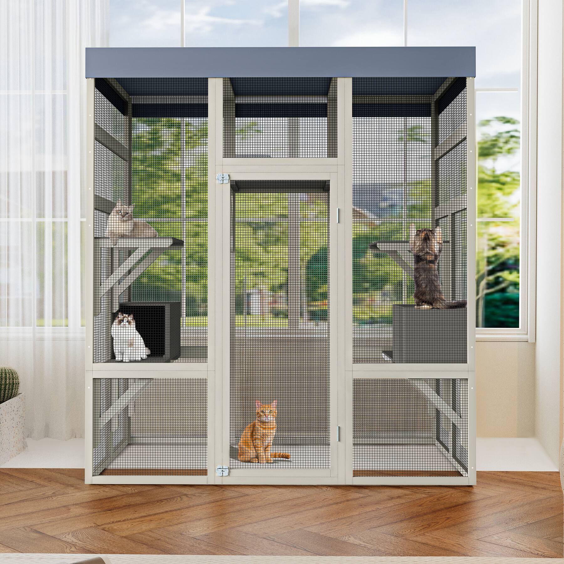 Alt View 7. Glintex - 62.6" Outdoor Wooden Catio for Cats, Waterproof Roof, 2 Cat Houses & Platforms, Secure Rust-Proof Wire Pet Cage.