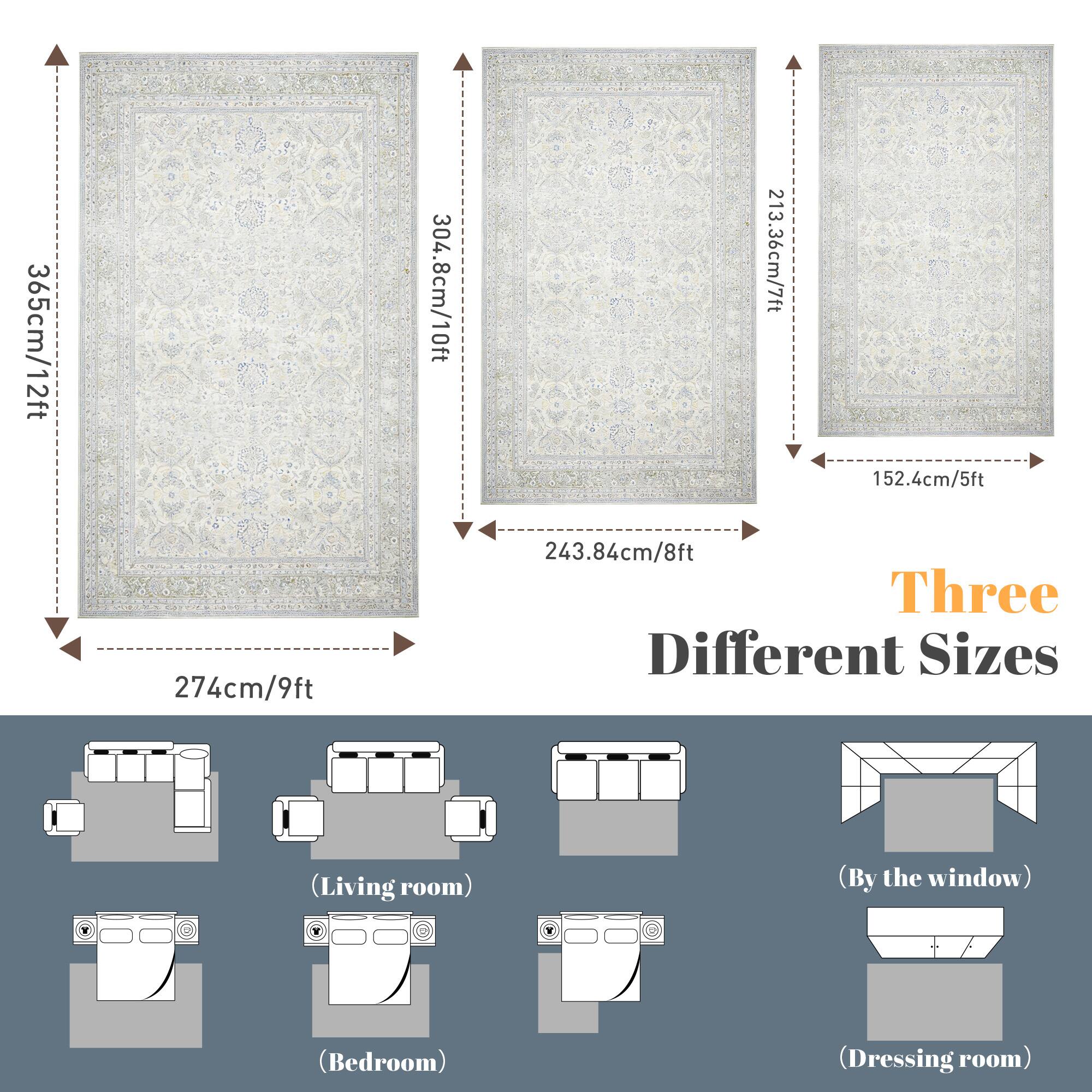 365cm/12ft  
304.8cm/10ft  
213.36cm/7ft  
152.4cm/5ft  
274cm/9ft  
243.84cm/8ft  

Three Different Sizes  
(Living room)  
(By the window)  
(Bedroom)  
(Dressing room)