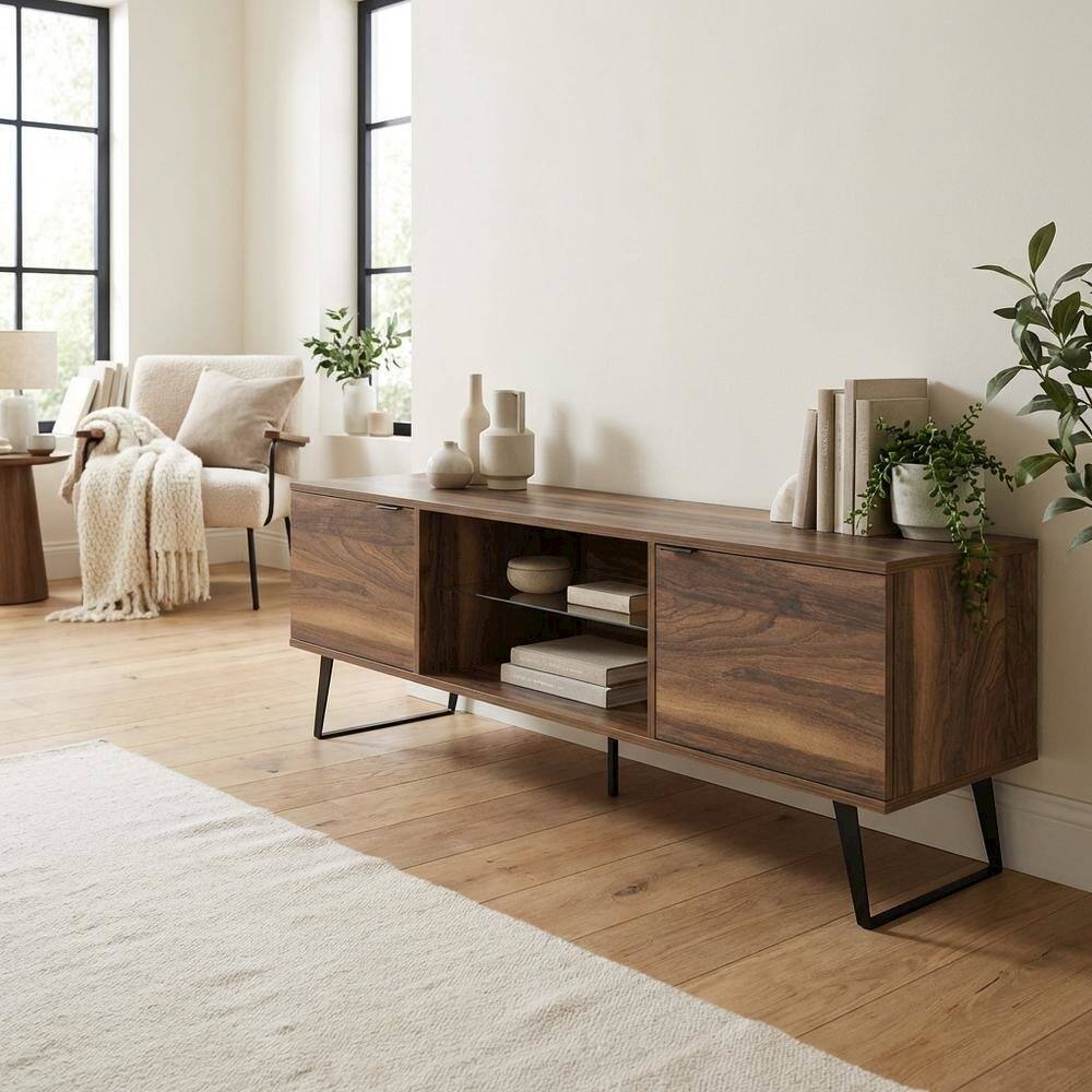 Alt View 2. FurniFact - Walnut Wood TV Stand with Glass Door Shelf and Mid-Century Modern Design - White.