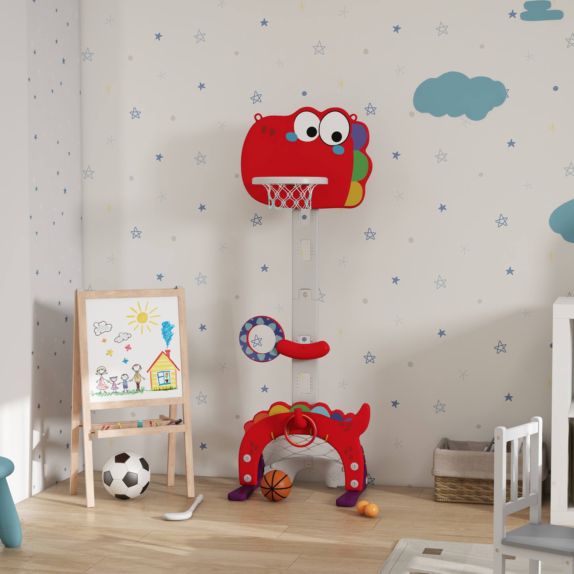 Alt View 1. Ecooso - 5-in-1 Kids Sports Activity Center, Adjustable Basketball Hoop w/ Soccer, Golf, Ring Toss & Toss Games - Red.