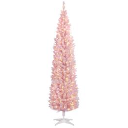 Homcom - Tall Pre-Lit Slim Noble Fir Artificial Pencil Christmas Tree with 210 Warm White LED Lights and 499 Snow Flocked Tips - Pink